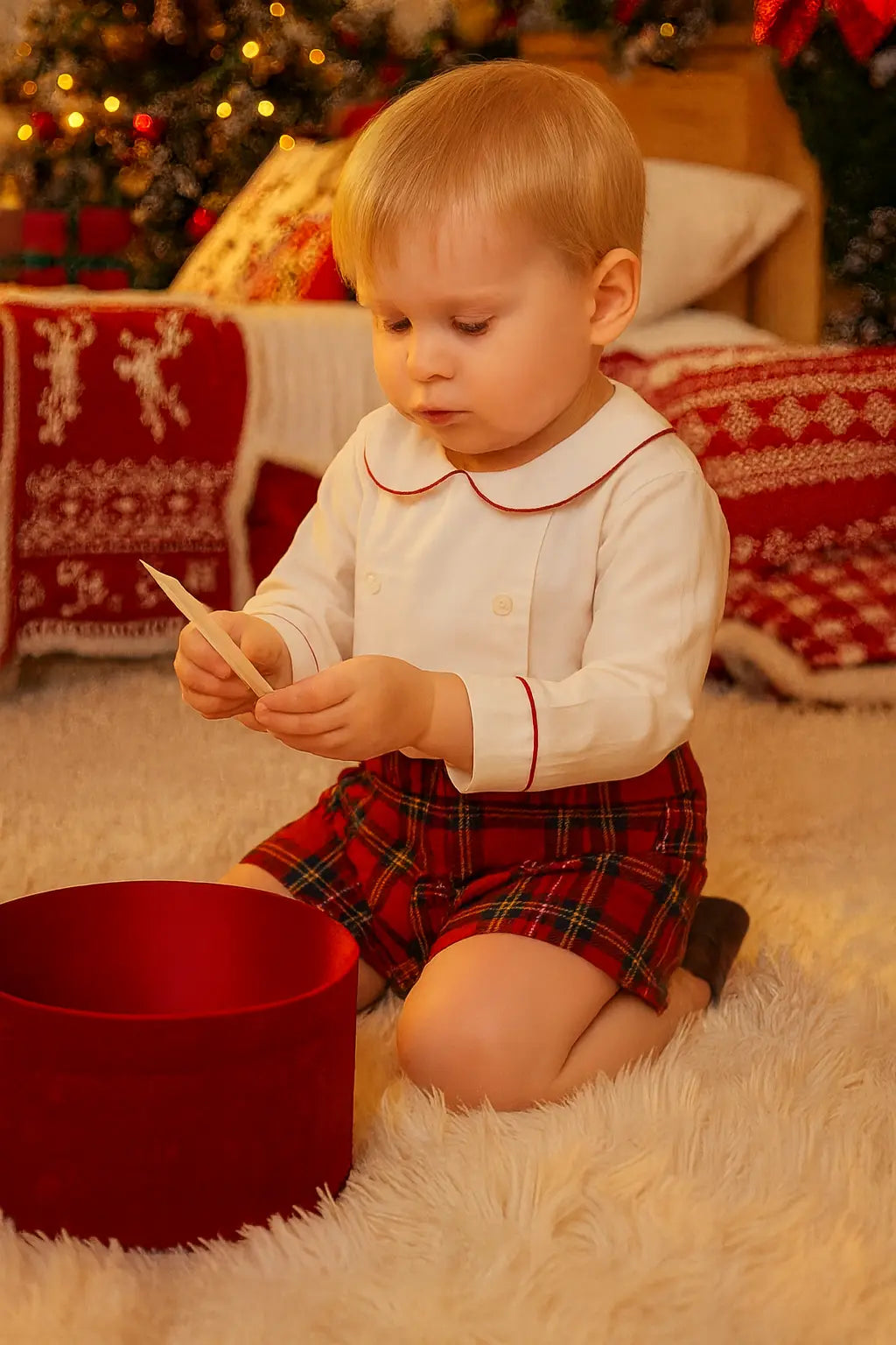 AW25 Baby Boys Red Christmas Tartan Short Set Dainty Delilah