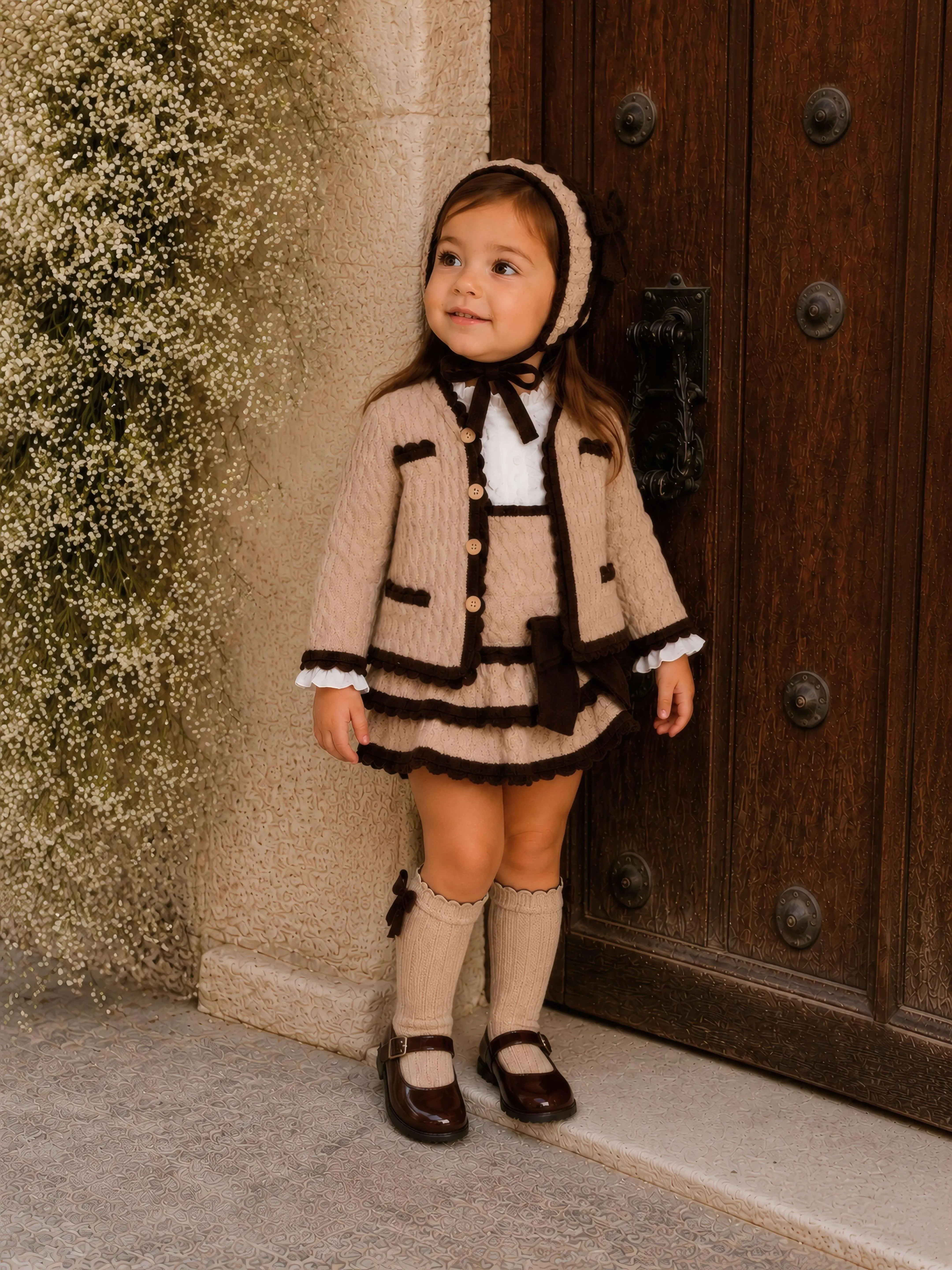 AW26 Rahigo Baby Girls Camel & Brown Cardigan,Pinafore,Shirt,Bonnet & Socks Rahigo Moda Infantil
