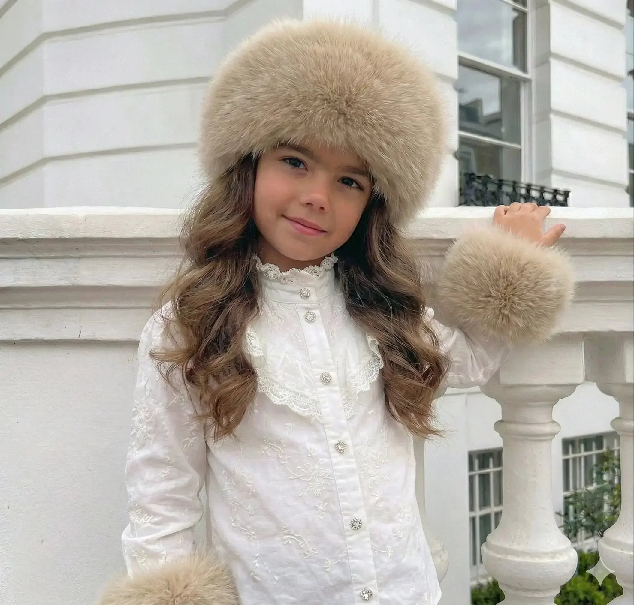 Young girl wearing a white lace blouse with fur cuffs and a matching large beige fur hat outdoors