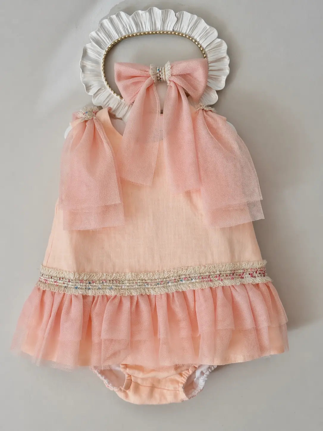 SS26 Naxos Baby Peach Linen Tulle Dress & Knickers Naxos