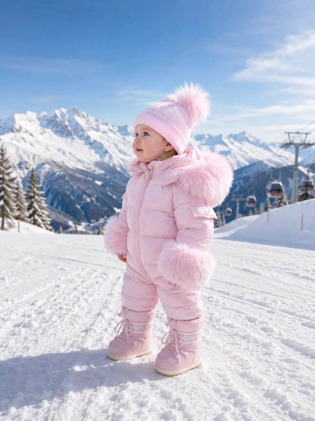 Baby Pink Detachable Fur Cuff Snowsuit - In Stock Dainty Delilah