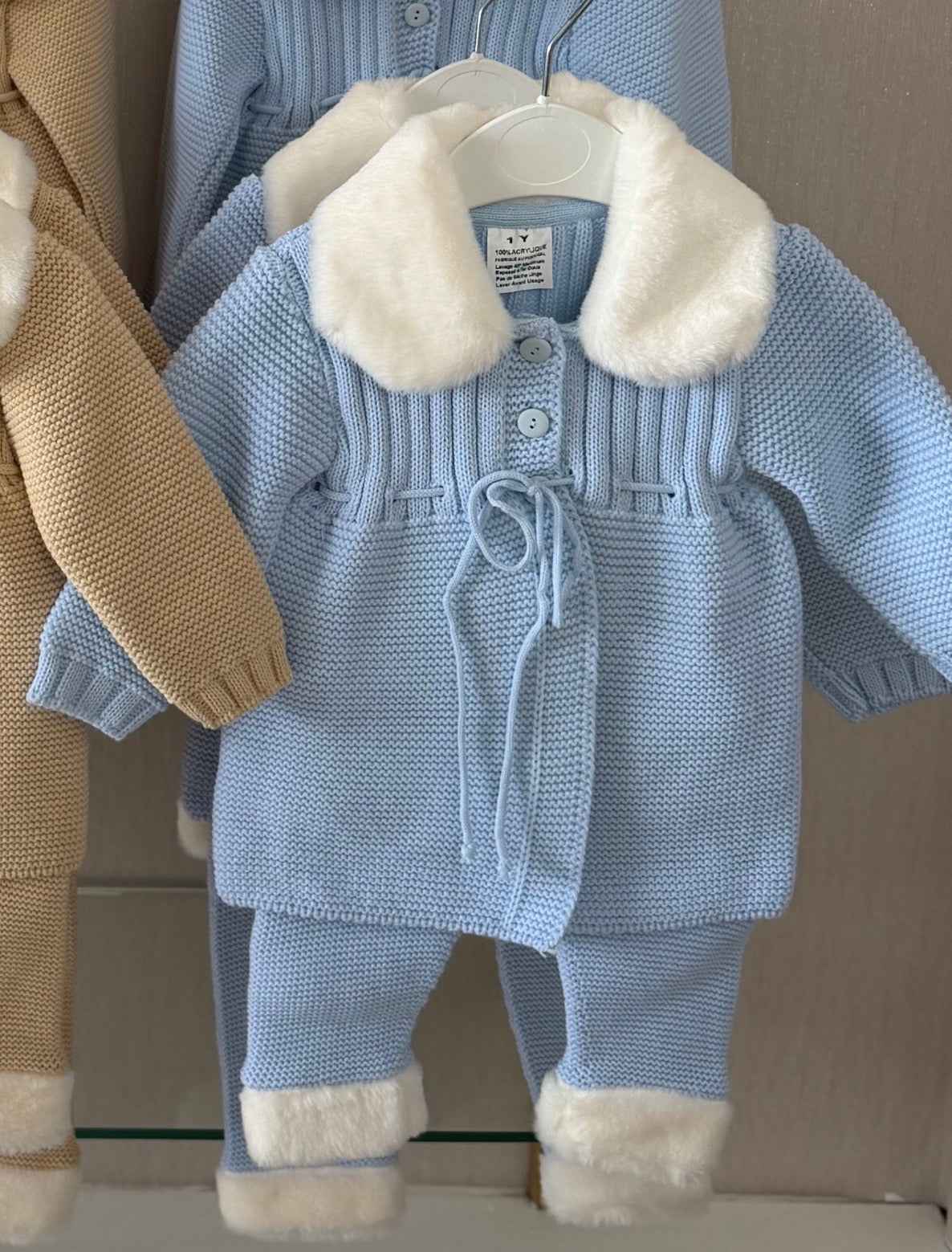AW26 Baby Unisex Blue Knitted Fur House Coat & Legging Set