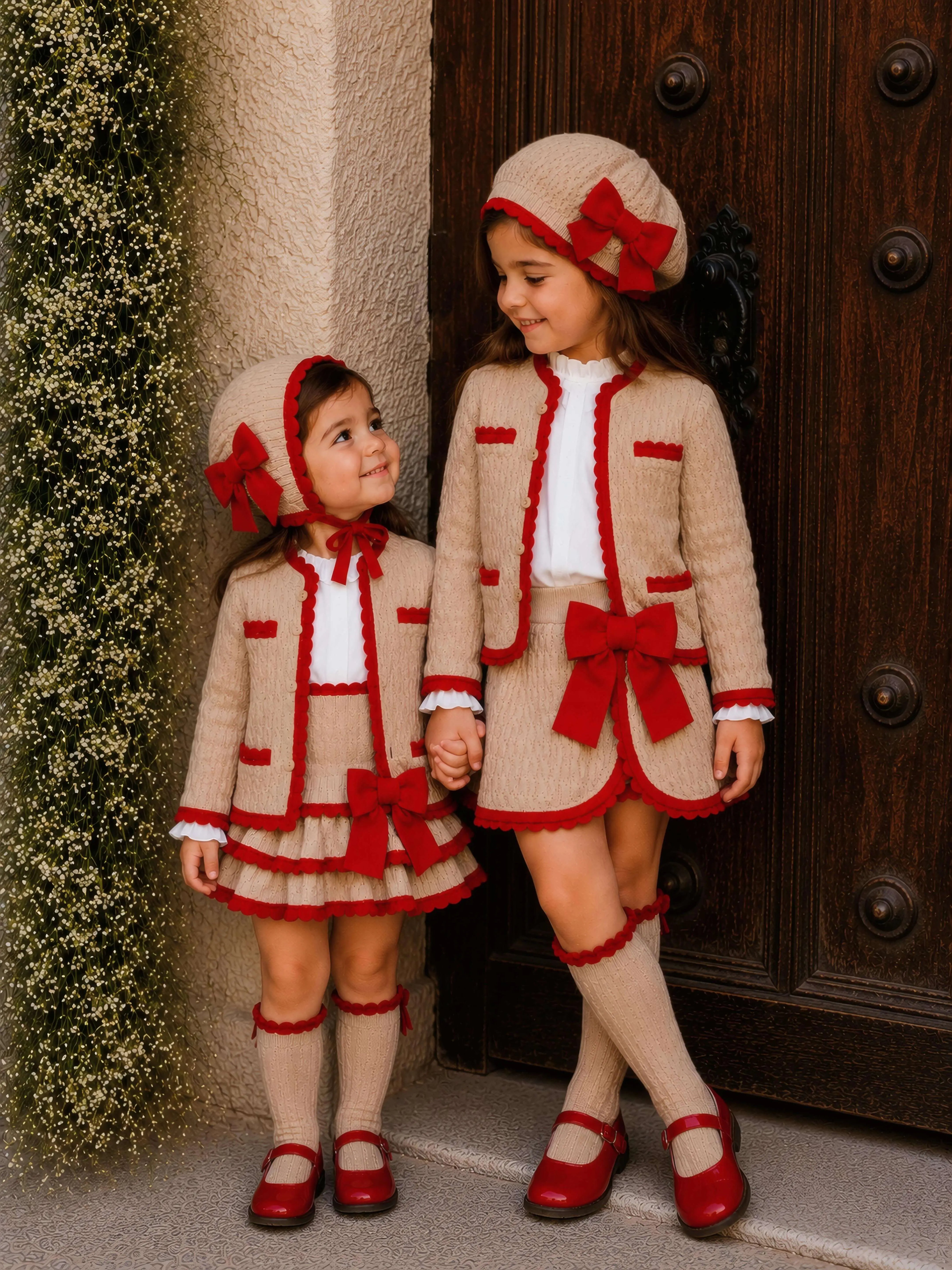 Rahigo AW26 Camel & Red Knit Skirt Set with Cardigan, Beret & Socks Rahigo Moda Infantil