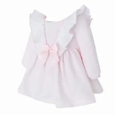 Baby pink long-sleeve dress with ruffled collar and small bow on back for infants