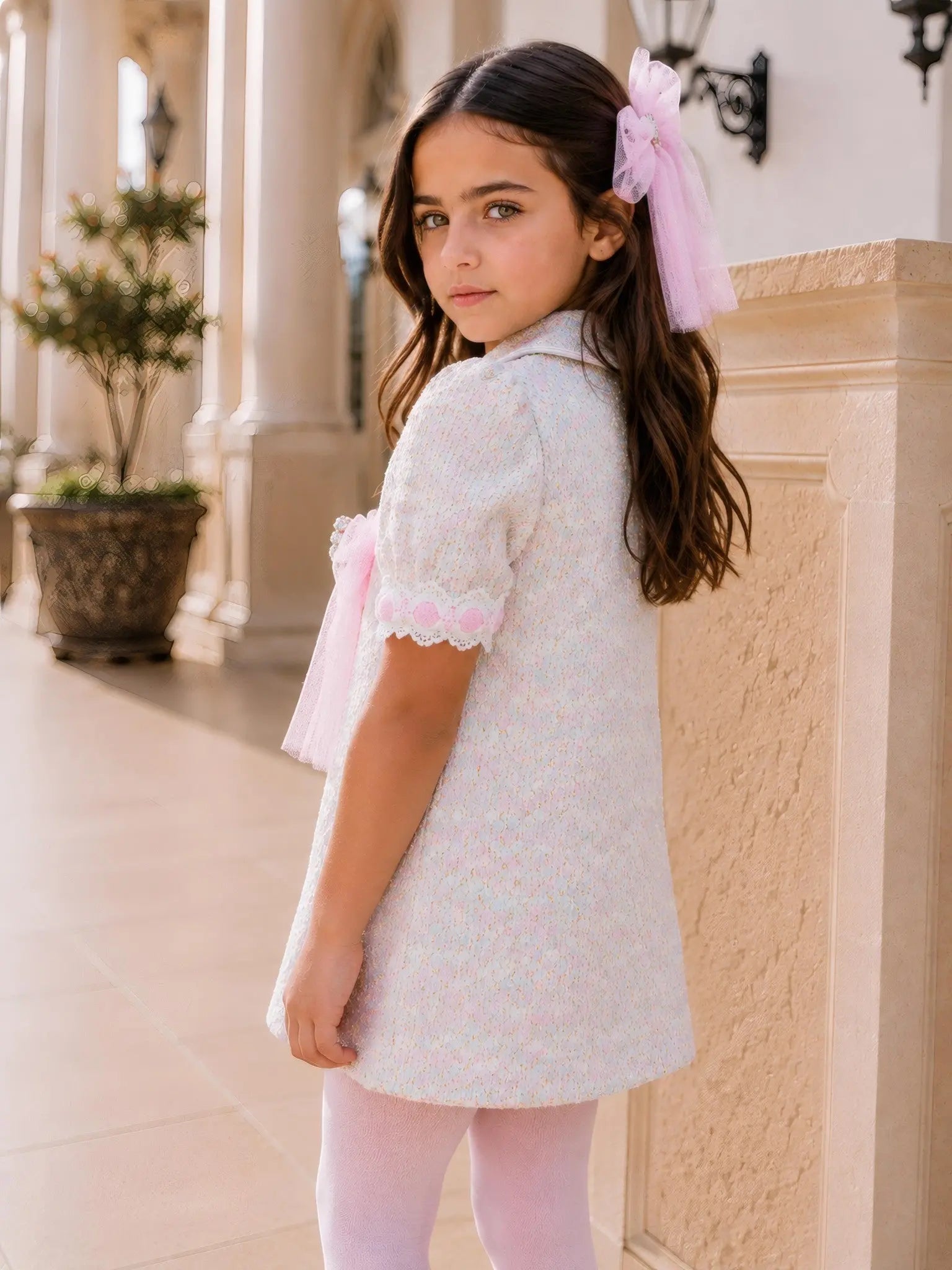 AW26 Naxos Pink Tweed Tulle Girls A Line Dress Naxos