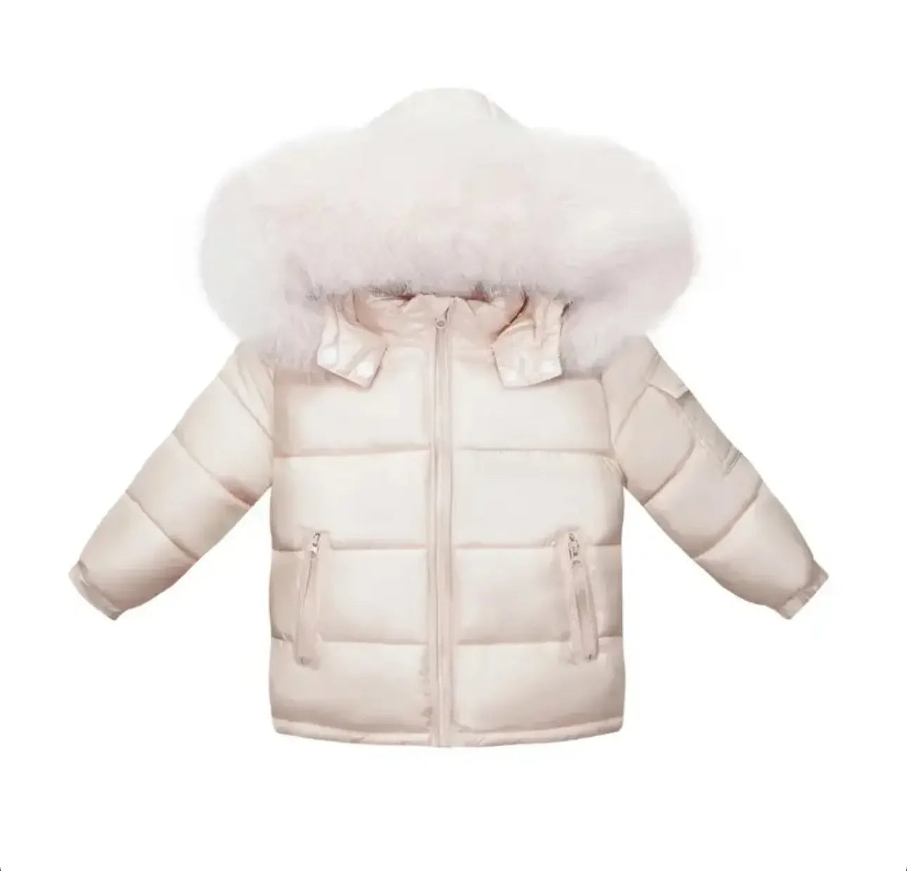 Cream-colored puffer winter jacket with fur-lined hood and front zip pockets