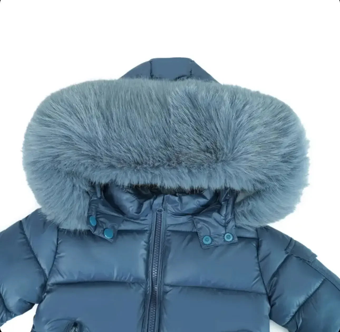 Blue padded winter jacket with plush fur-lined hood and zipper closure