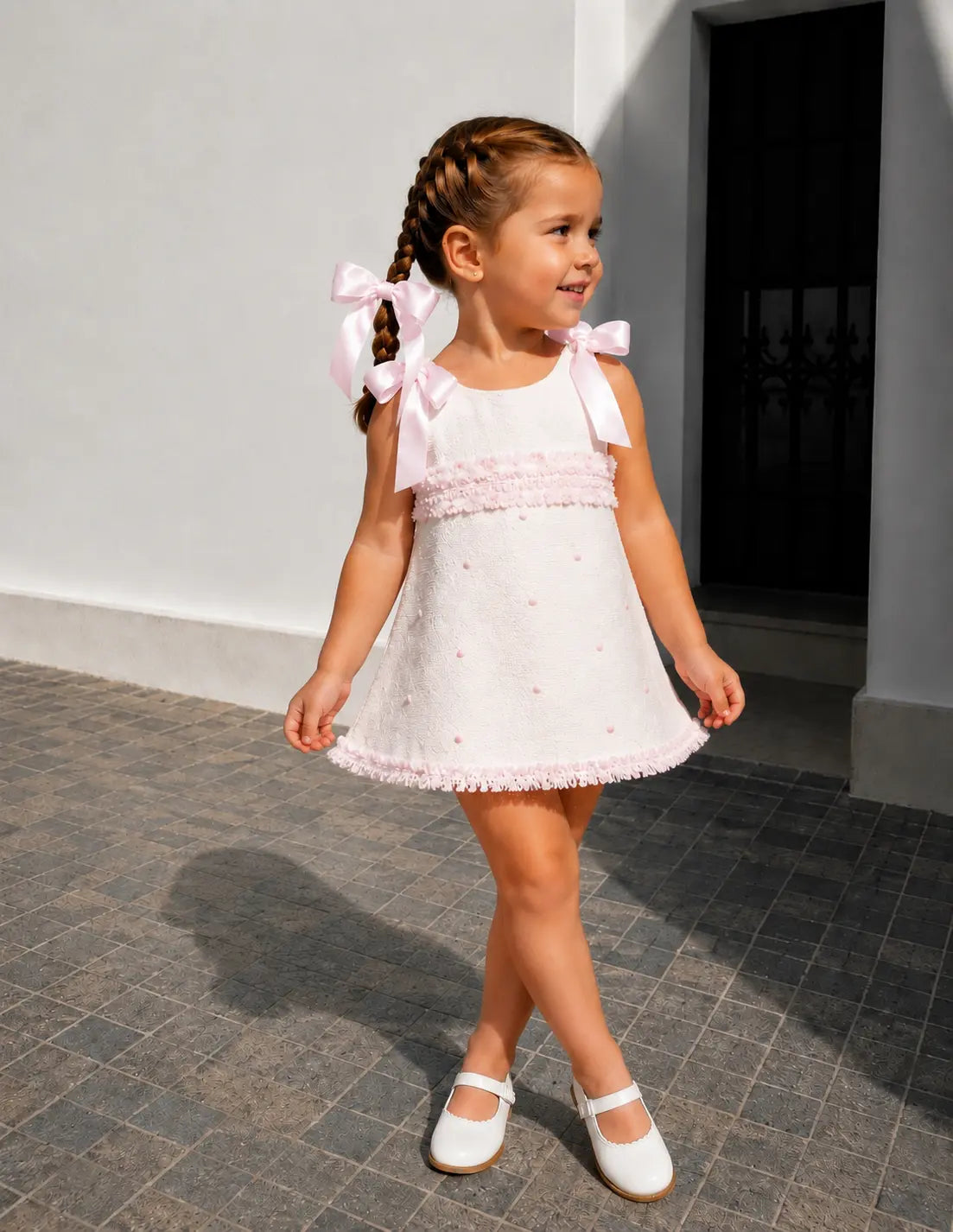 SS26 Baby Girls Pink & Cream Spot Tulle Dress Dainty Delilah