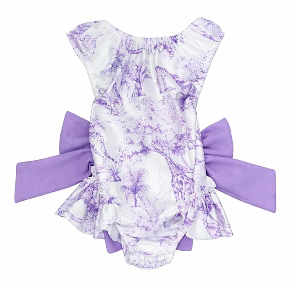 Girls Summer Lilac Toile Frilly Bow Swimming Costume Dainty Delilah