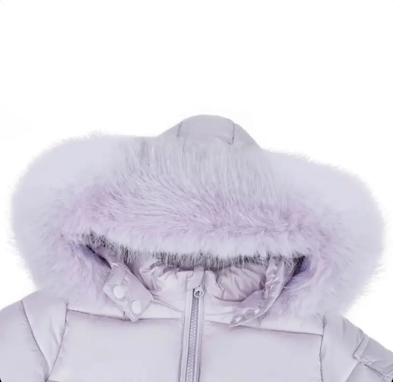 Light lavender puffer jacket with fluffy fur-lined hood and front zipper