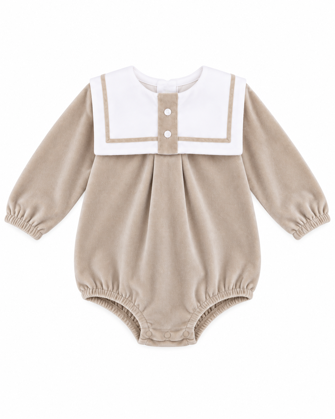 Baby boys’ beige velour sailor collar romper with white collar, beige piping, long sleeves and traditional bubble silhouette.