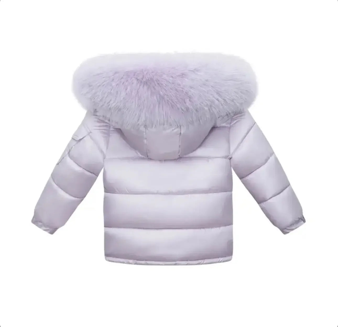 Back view of light purple puffer jacket with a large fluffy fur hood