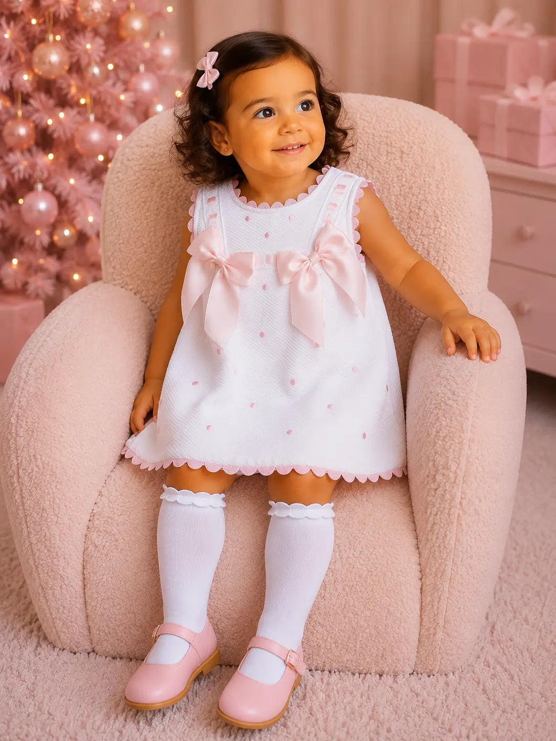 SS26 Baby Girls White & Pink Pique A Line Dress Dainty Delilah