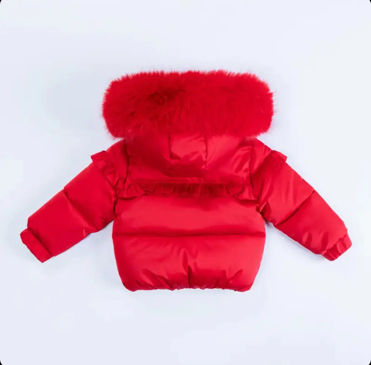 Girls Red Frill Fur Hood Puffa Coat Dainty Delilah