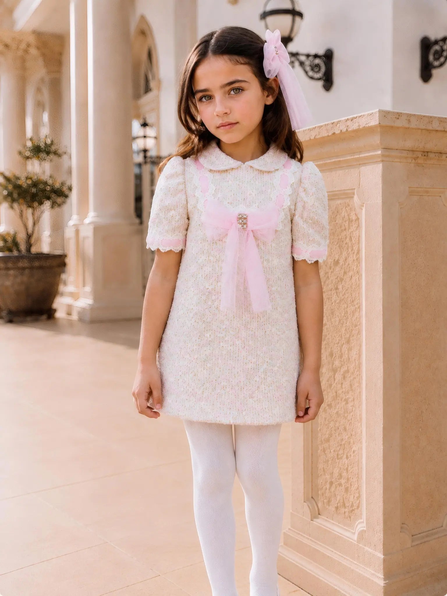 AW26 Naxos Pink Tweed Tulle Girls A Line Dress Naxos