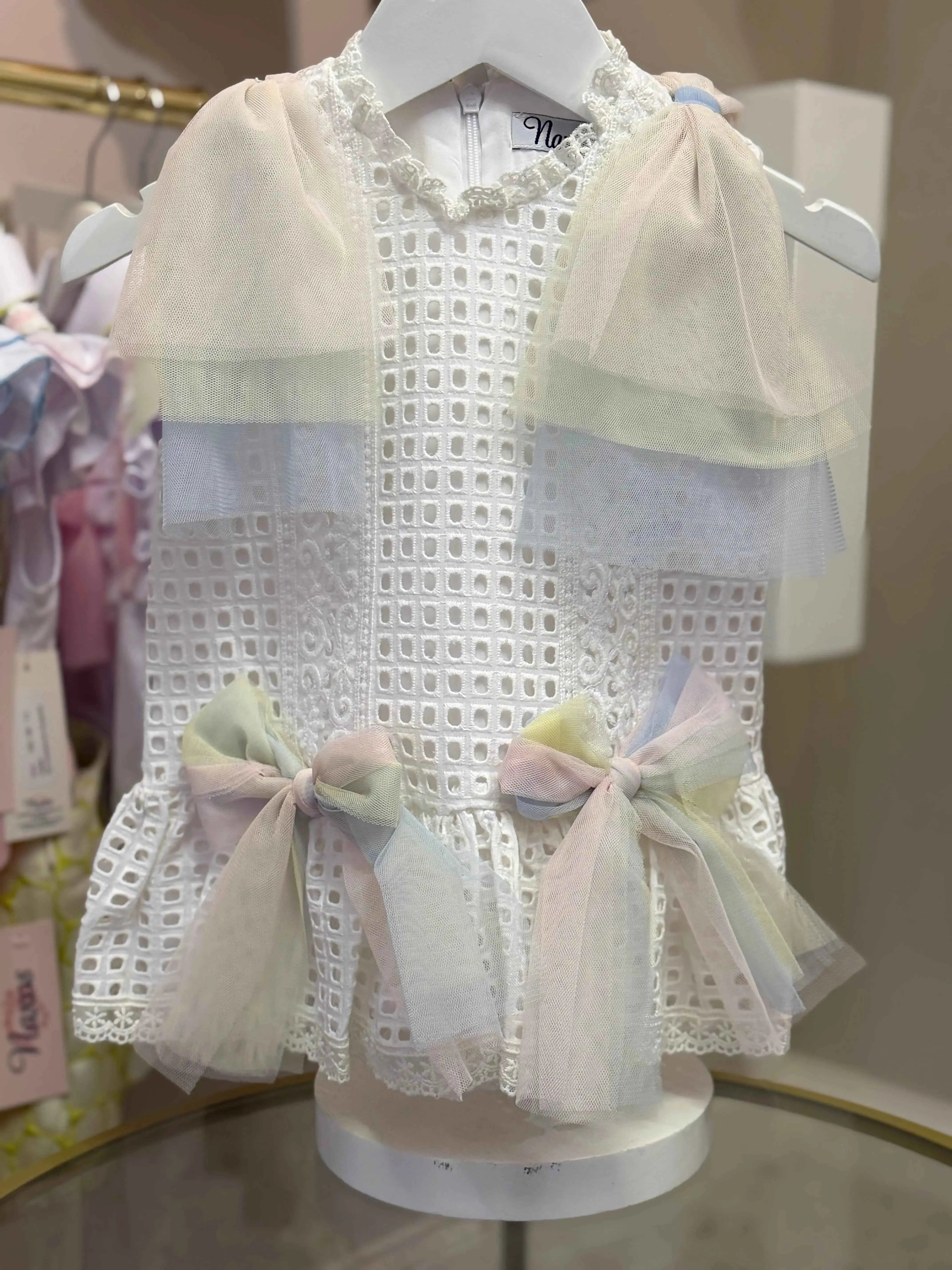 SS26 Naxos Baby Girls White Rainbow Tulle Dress