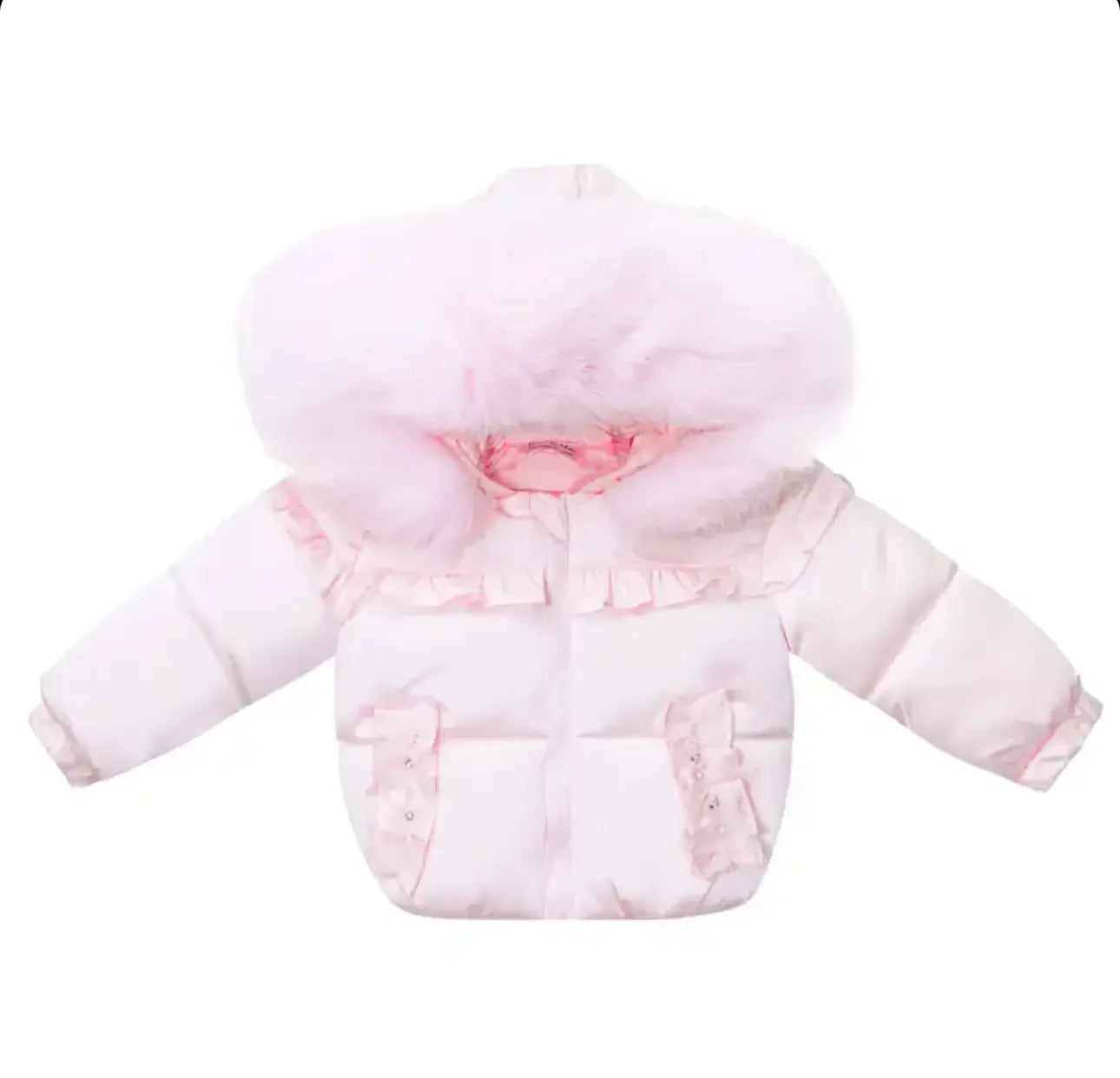 Light pink baby winter jacket with fluffy fur-lined hood and ruffle details