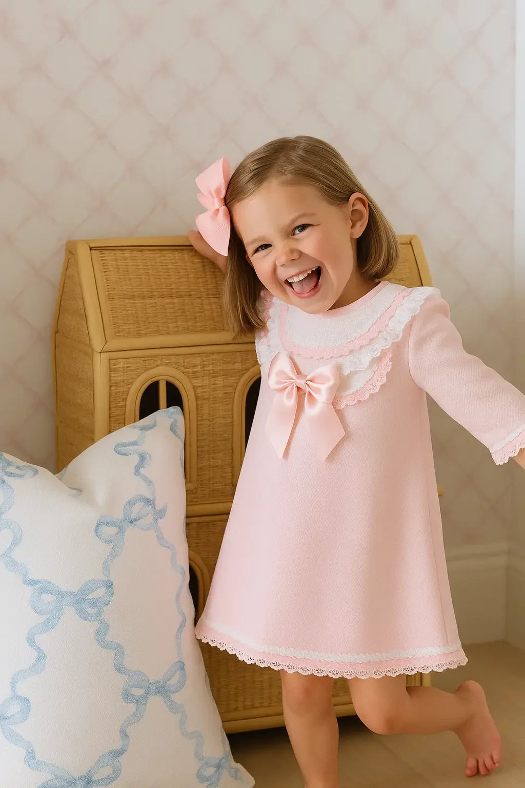 Baby Girls Pink A Line Pique Bow Dress Dainty Delilah