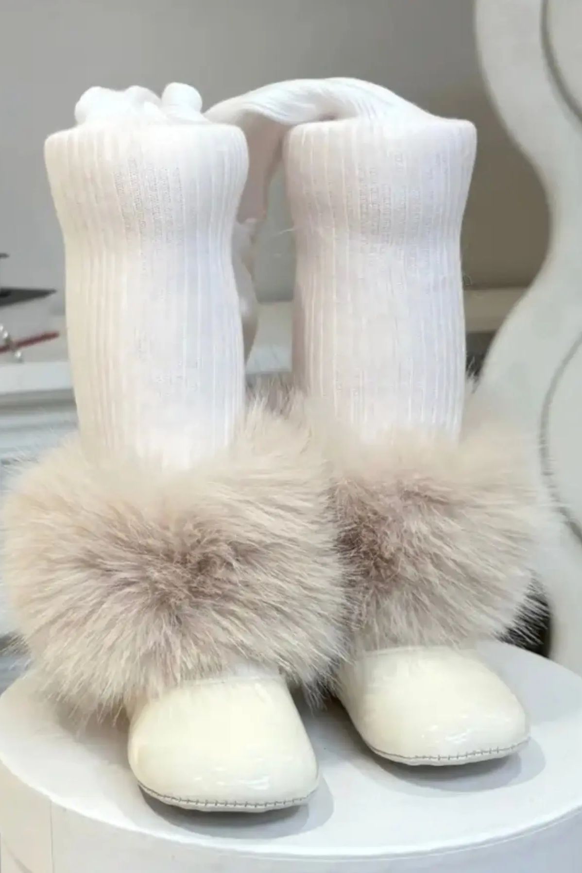 Baby Girls White Tights With Camel Fur Removable Cuffs Dainty Delilah