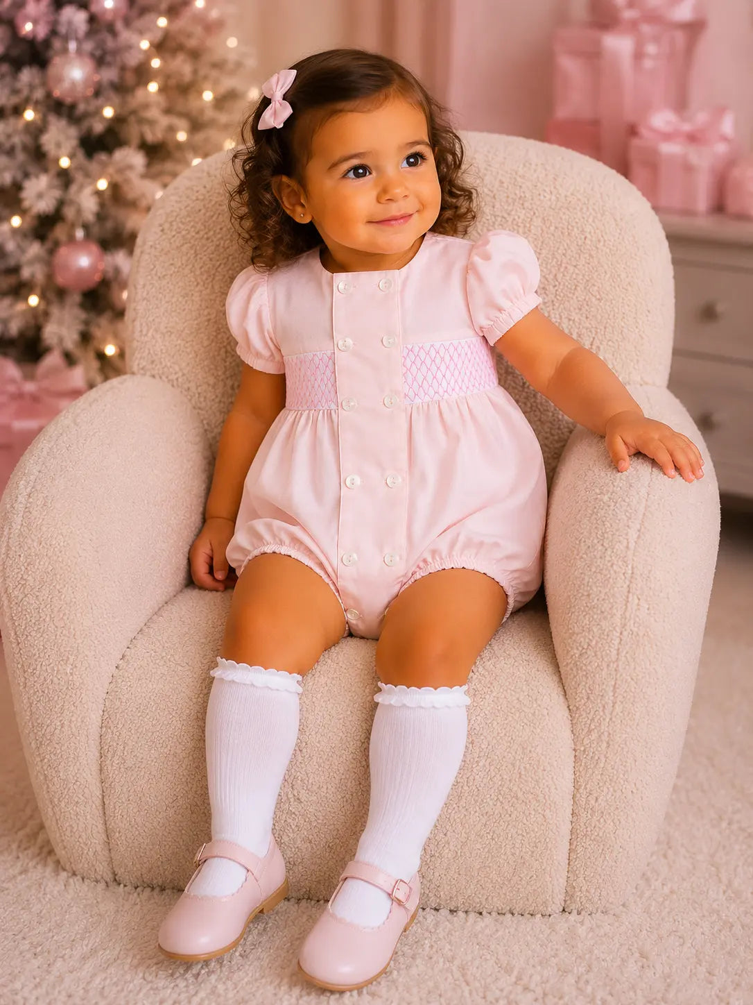SS26 Baby Girls Pink Button Smock Romper Dainty Delilah
