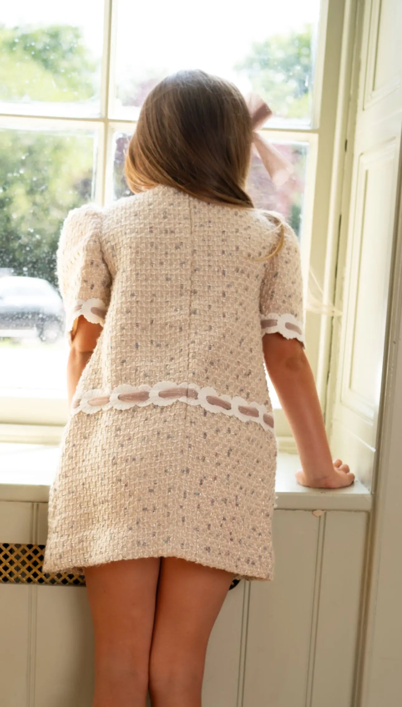 AW25 Naxos Girls Beige Glitter Tweed Dress Naxos