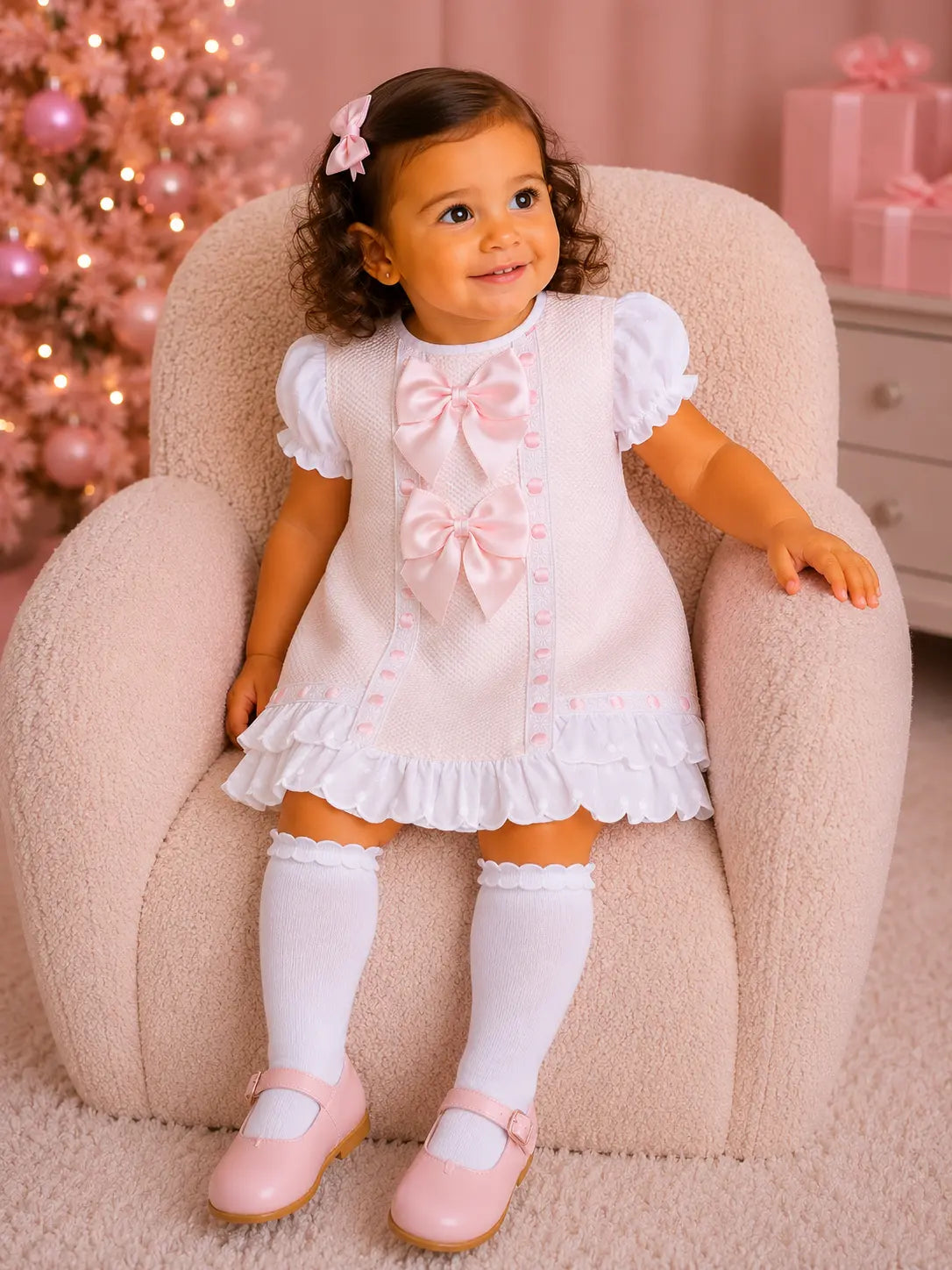 SS26 Baby Girls Pink Ribbon Pique A Line Dress Dainty Delilah