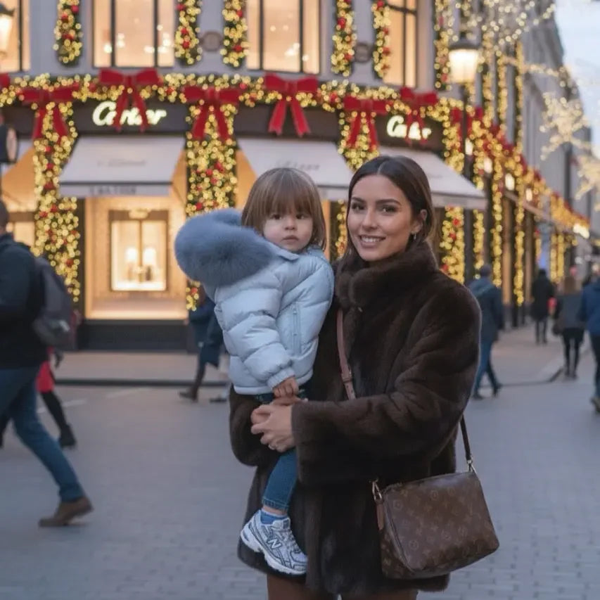 Woman in dark fur coat holding child in light blue puffer jacket on festive city street with holiday lights