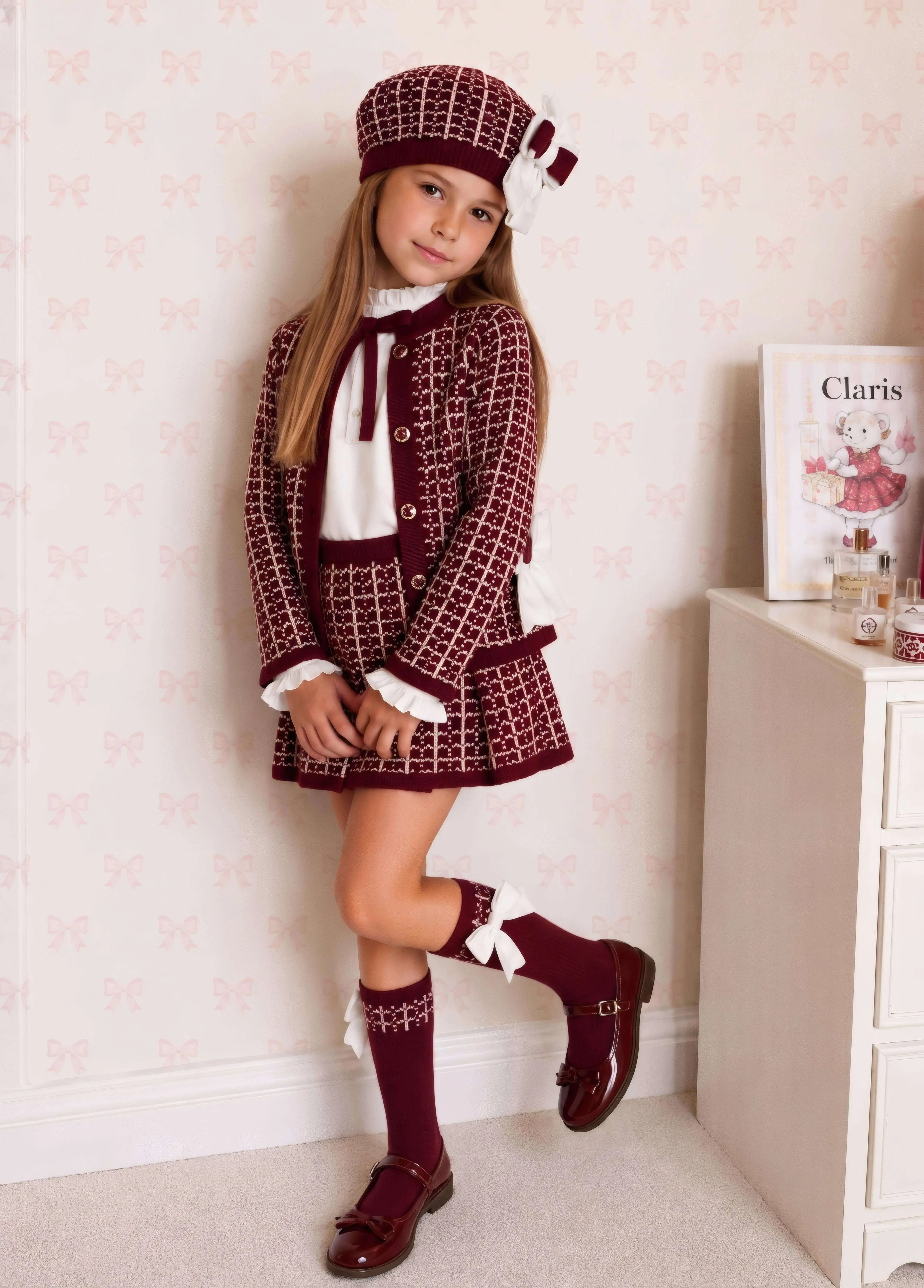 AW26 Rahigo Burgundy Knit Skirt Set with Cardigan, Beret & Socks Rahigo Moda Infantil