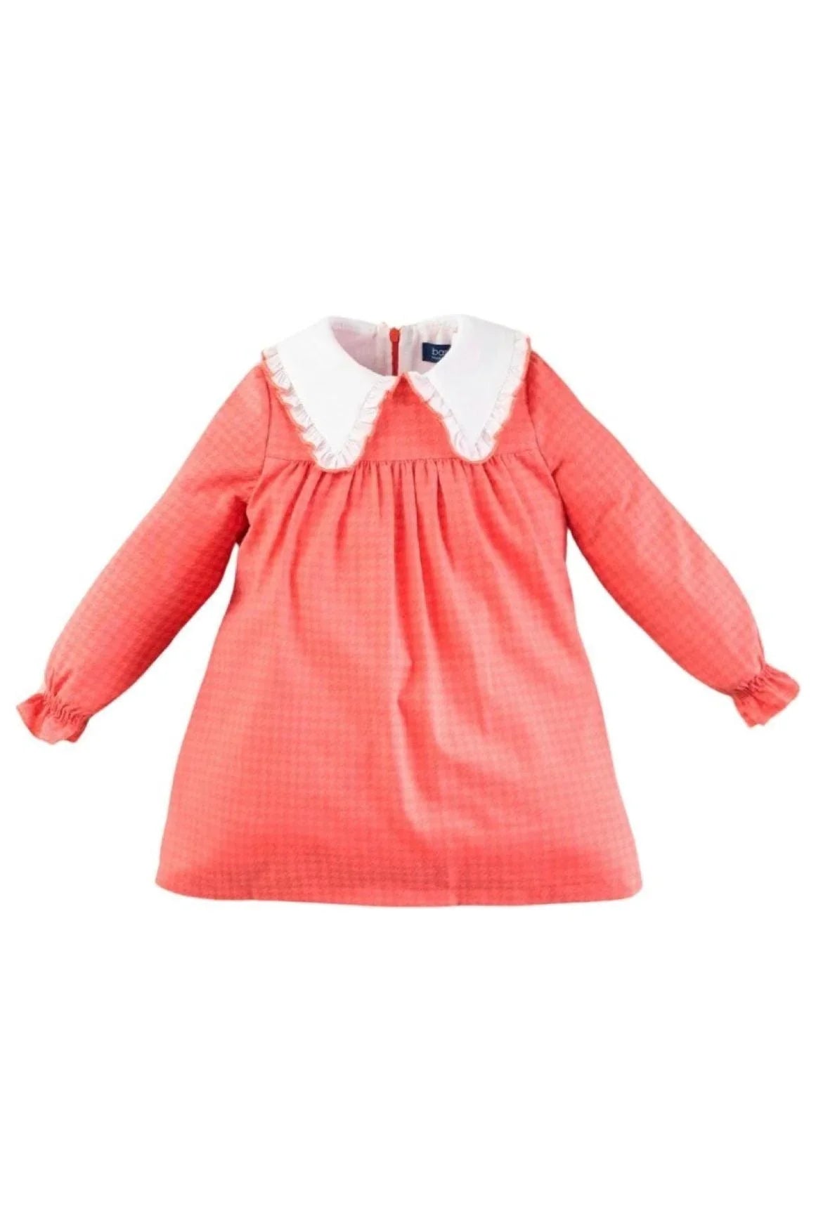 Coral pink girls long sleeve dress with white ruffled collar on white background