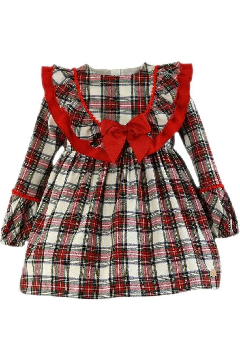 Girls long-sleeve plaid dress with red ruffle trim and bow detail