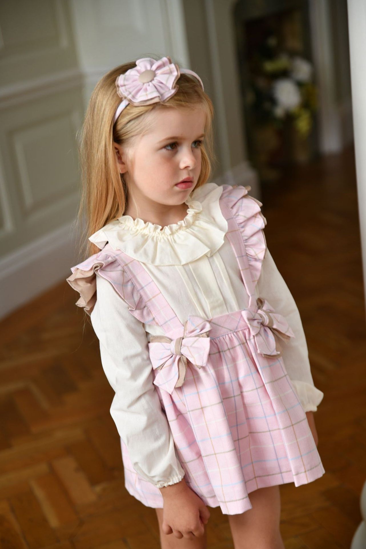 AW24 Babine Girls Pink Check Pinafore Set Dainty Delilah