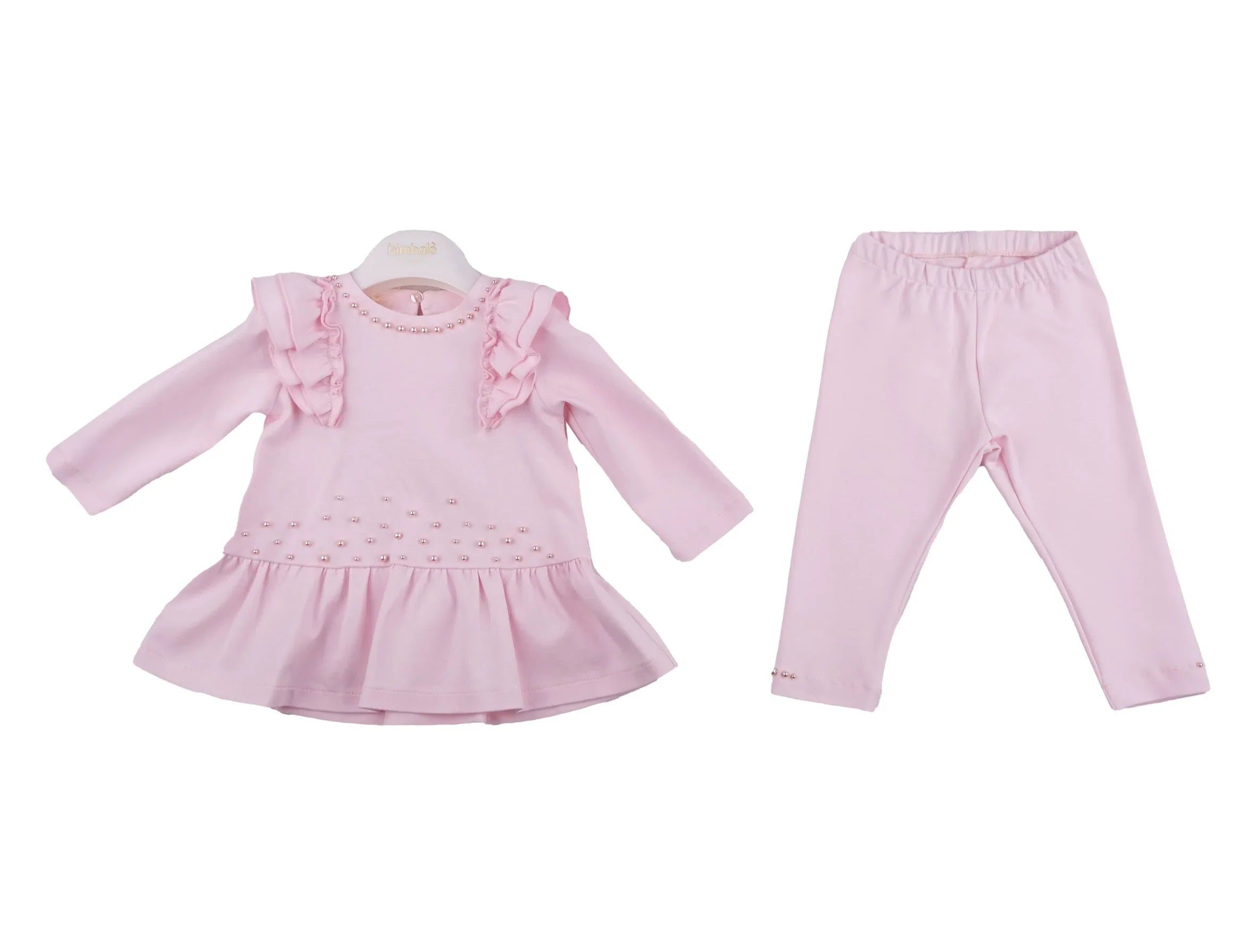 Pink girls' legging set with ruffled long-sleeve top and pearl embellishments