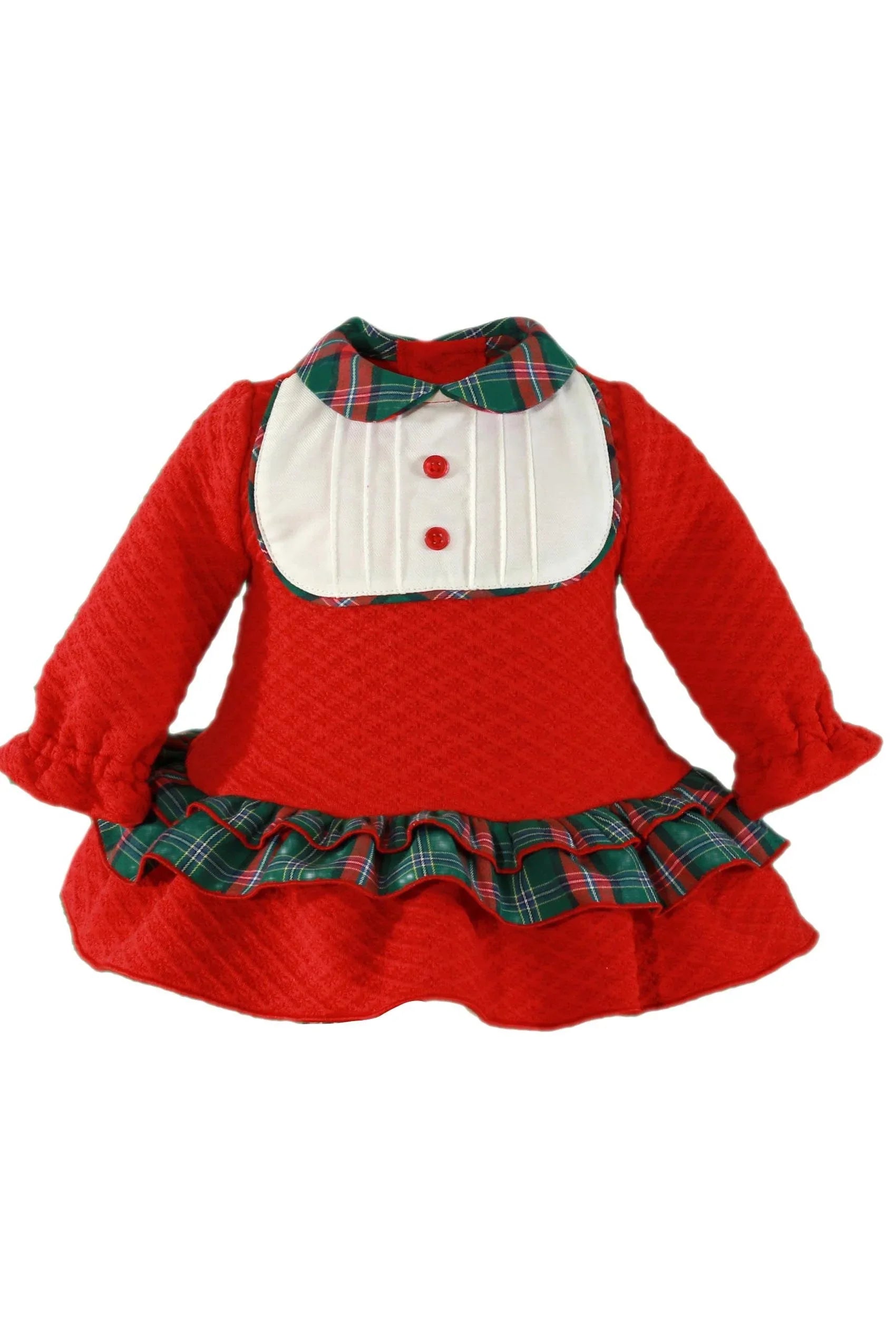Red baby girl dress with white bib, red buttons, green tartan collar and ruffle hem