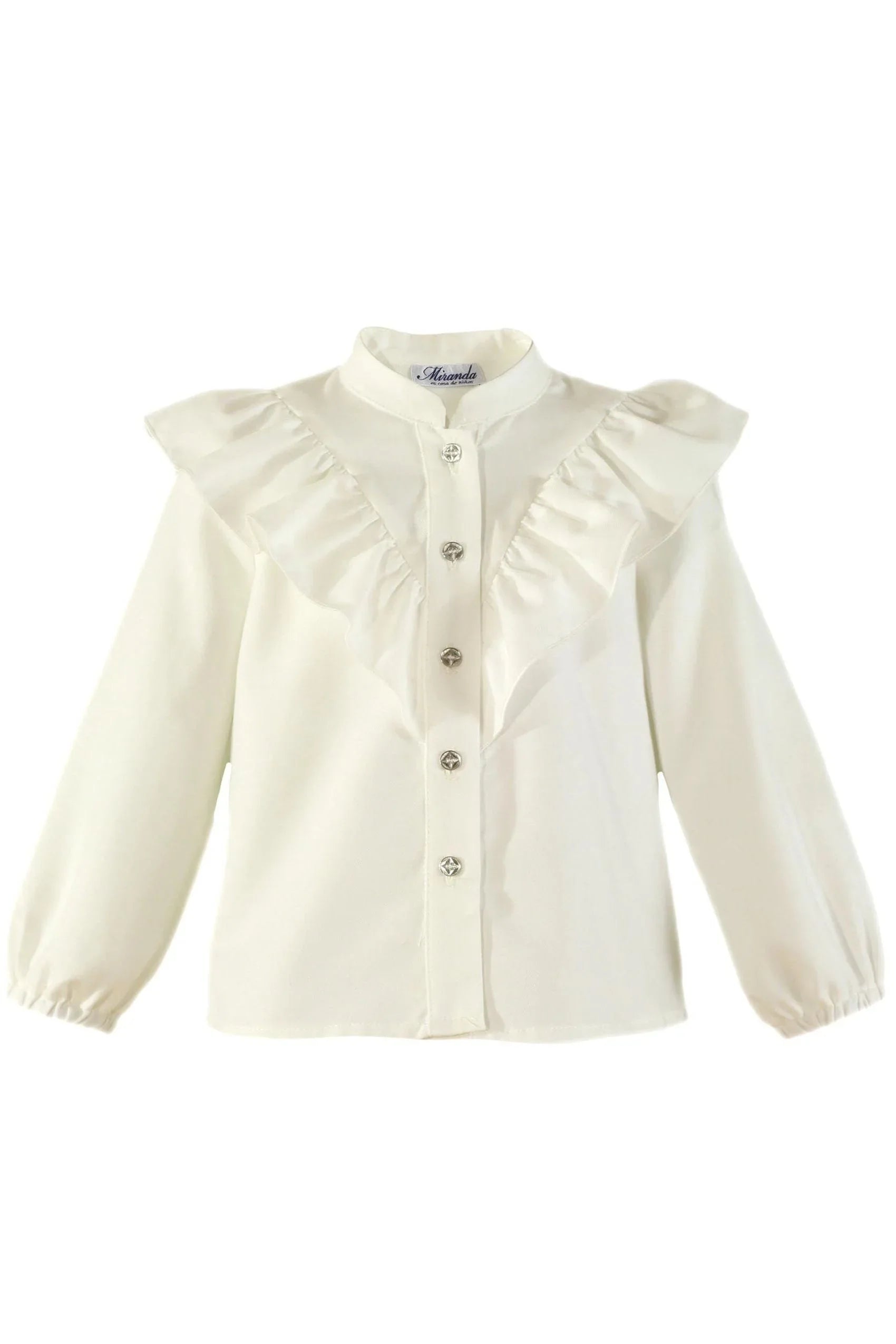 White long-sleeve girls blouse with ruffled front and silver buttons