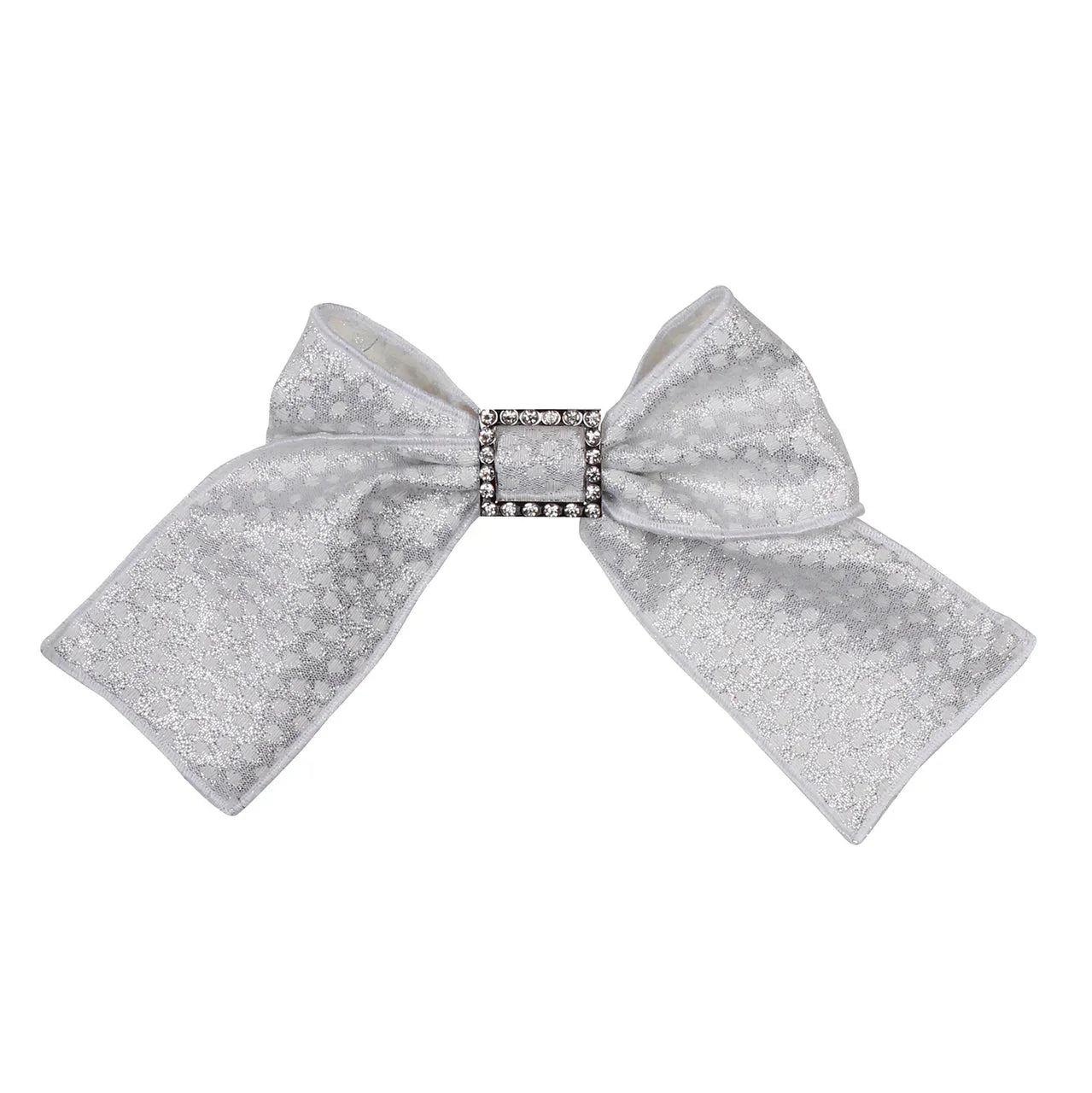 Silver girls' hair bow with delicate glitter pattern and rhinestone buckle center