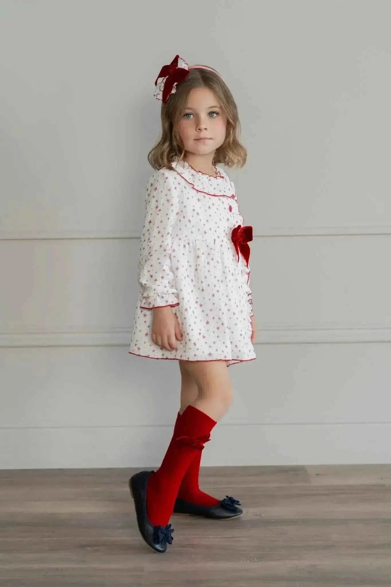 AW25 Miranda Girls Red Star Dress - Trendy Kids Fashion Dress in Vibrant Red