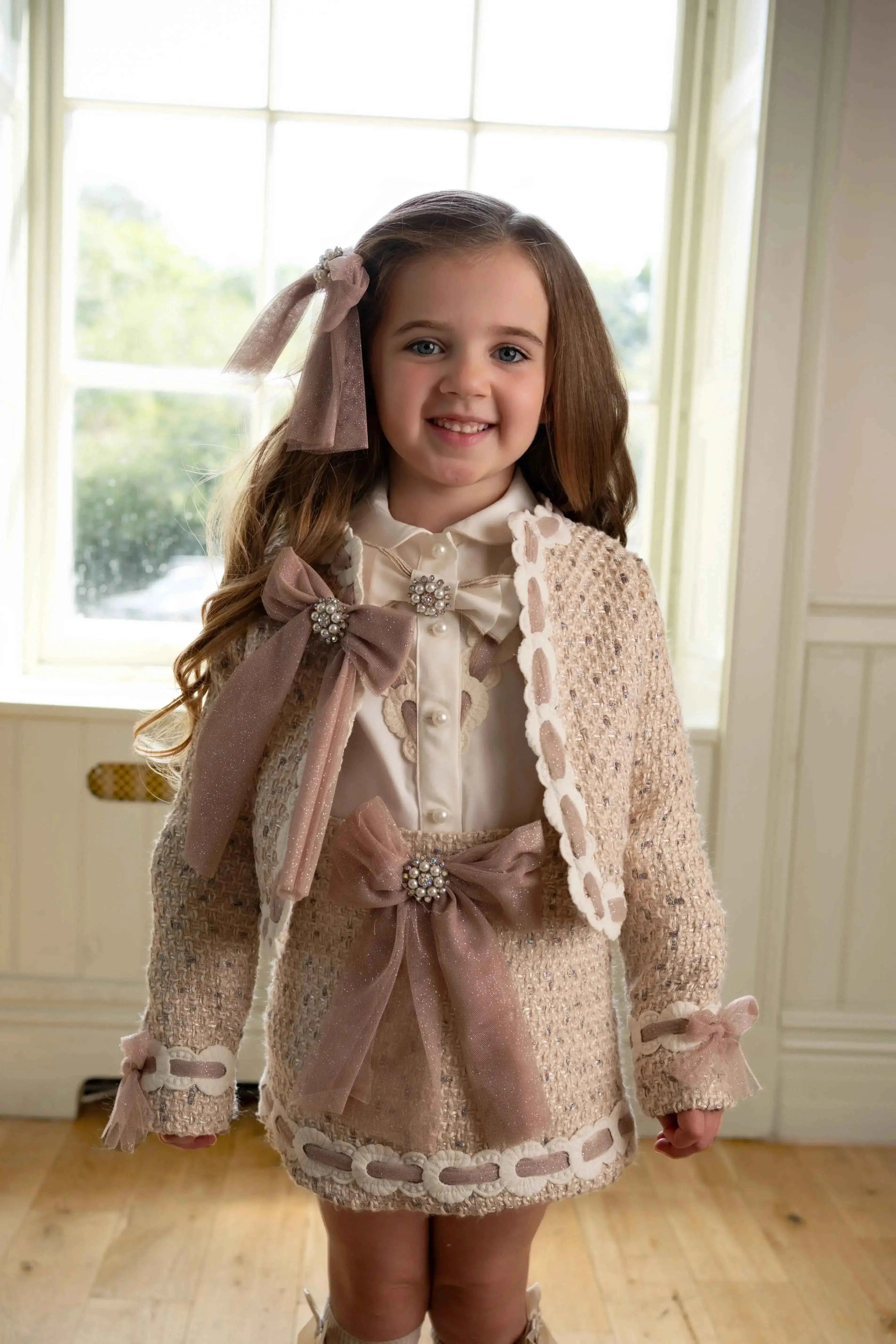 AW25 Naxos Girls Beige Glitter Tweed Blazer and Skirt Set - Stylish Kids Fashion