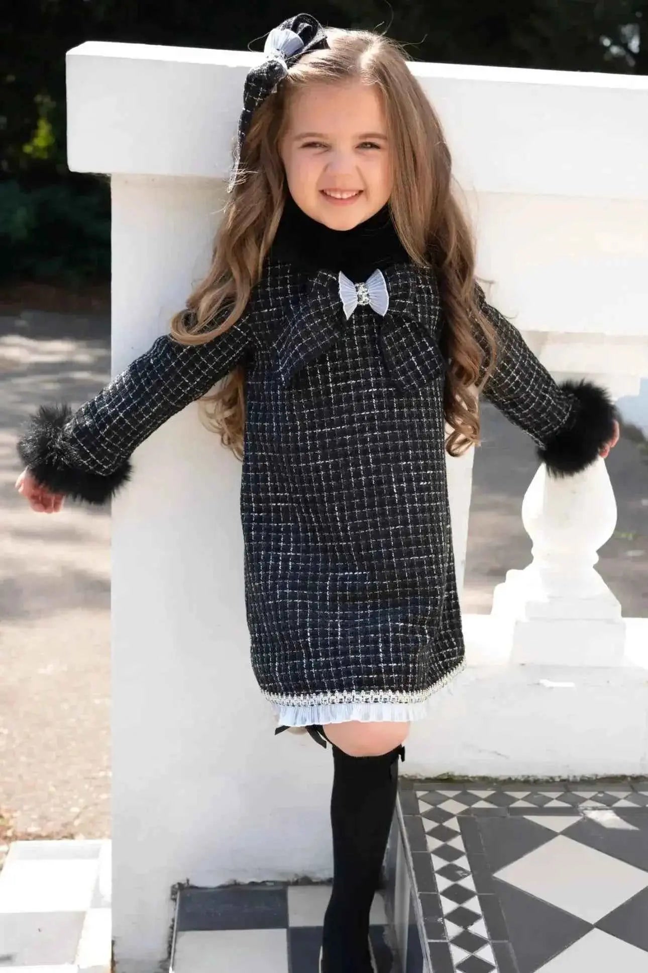 AW25 Naxos Girls Black Fur Tweed Dress