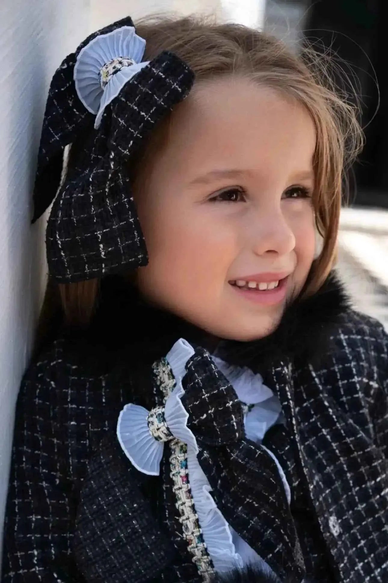 AW25 Naxos Girls Black Tweed Blazer and Skirt Set - Stylish Kids Fashion