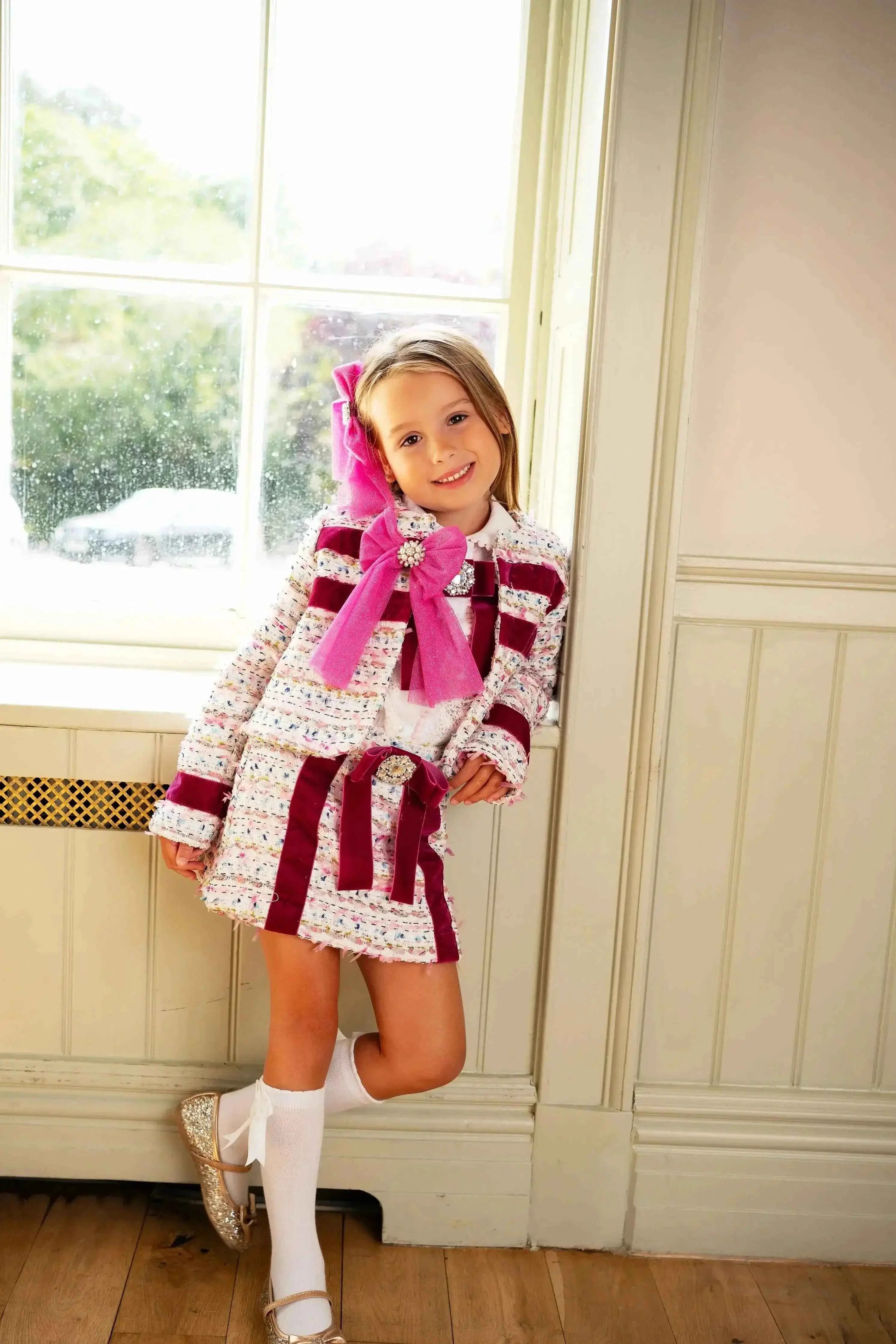 AW25 Naxos Girls Hot Pink Tweed Blazer and Skirt Set for Stylish Young Fashionistas