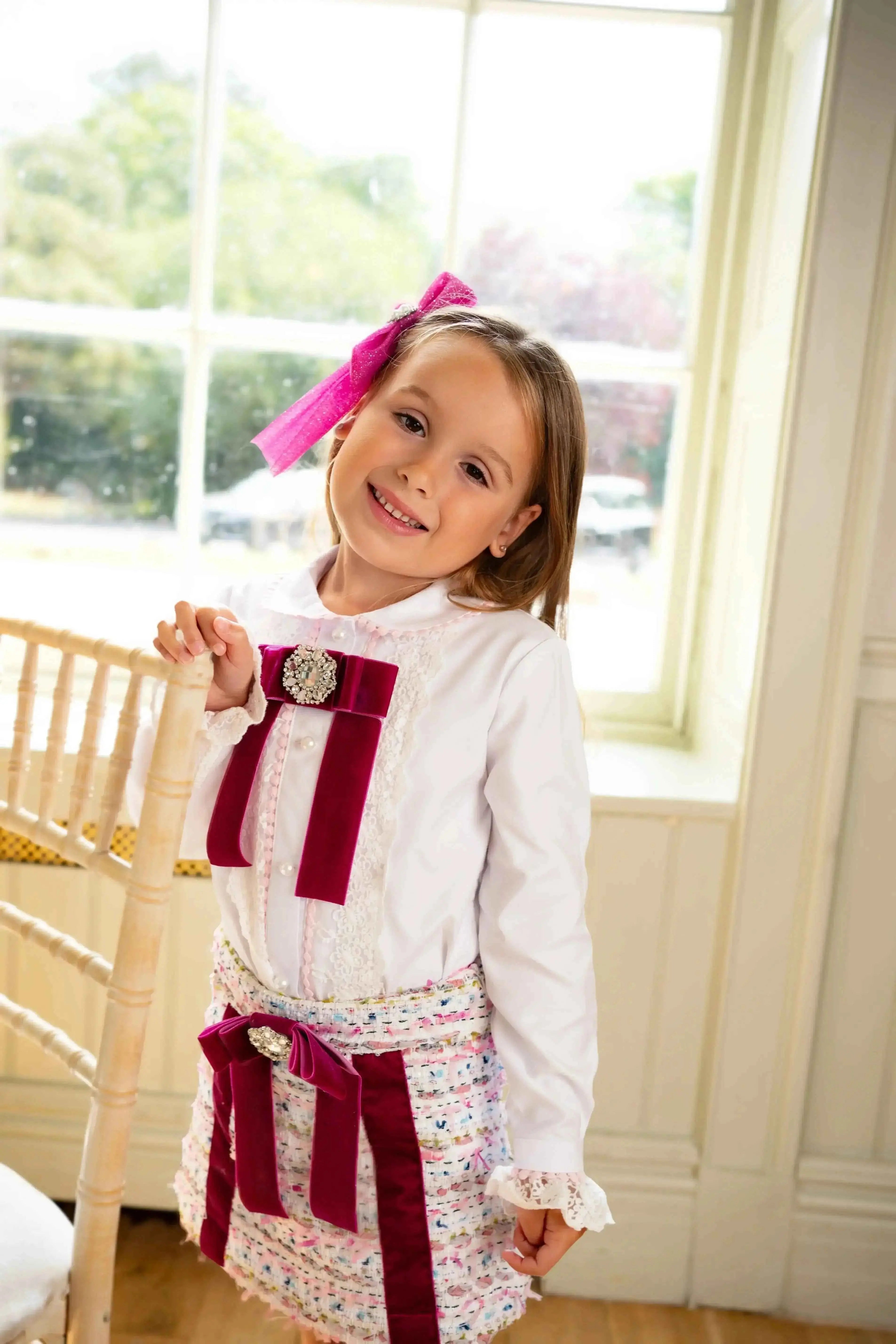 AW25 Naxos Girls Hot Pink Tweed Blazer and Skirt Set for Stylish Young Fashionistas