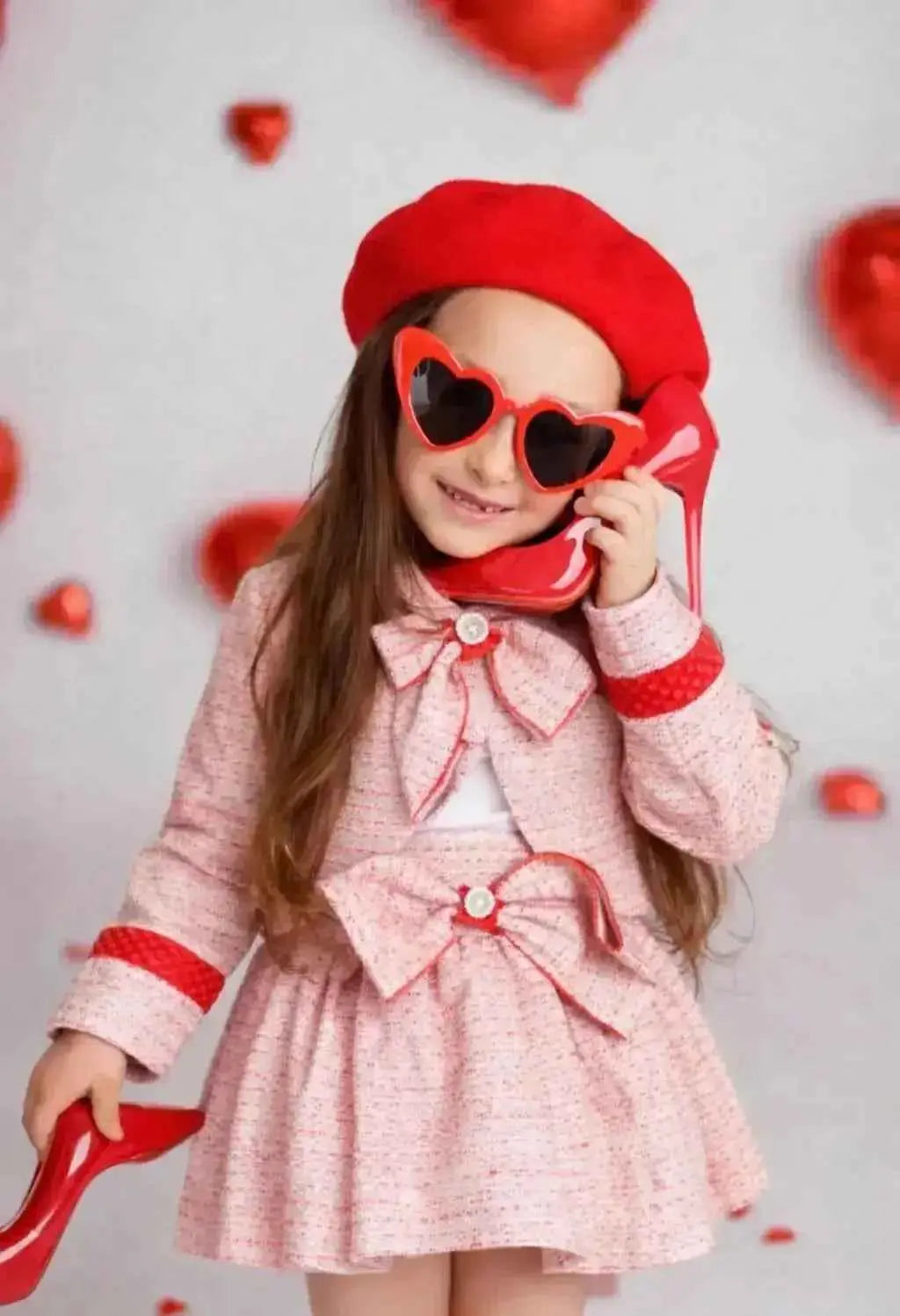 AW25 Naxos Girls Red Tweed Blazer and Pinafore Set - Stylish Kids Fashion Outfit