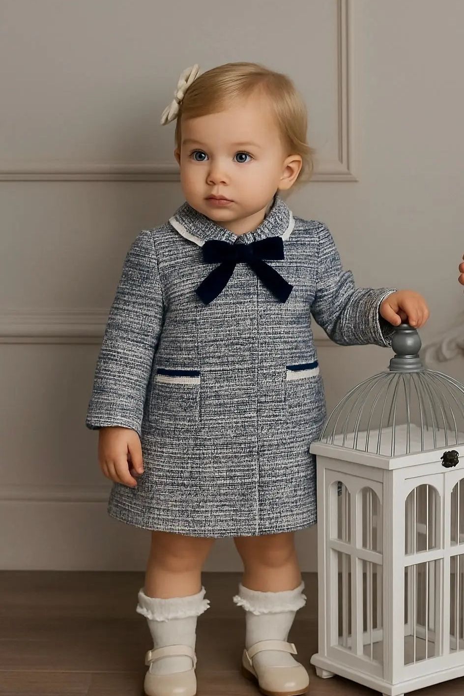 AW25 Miranda Baby Girls Blue Tweed Dress - Main Image
