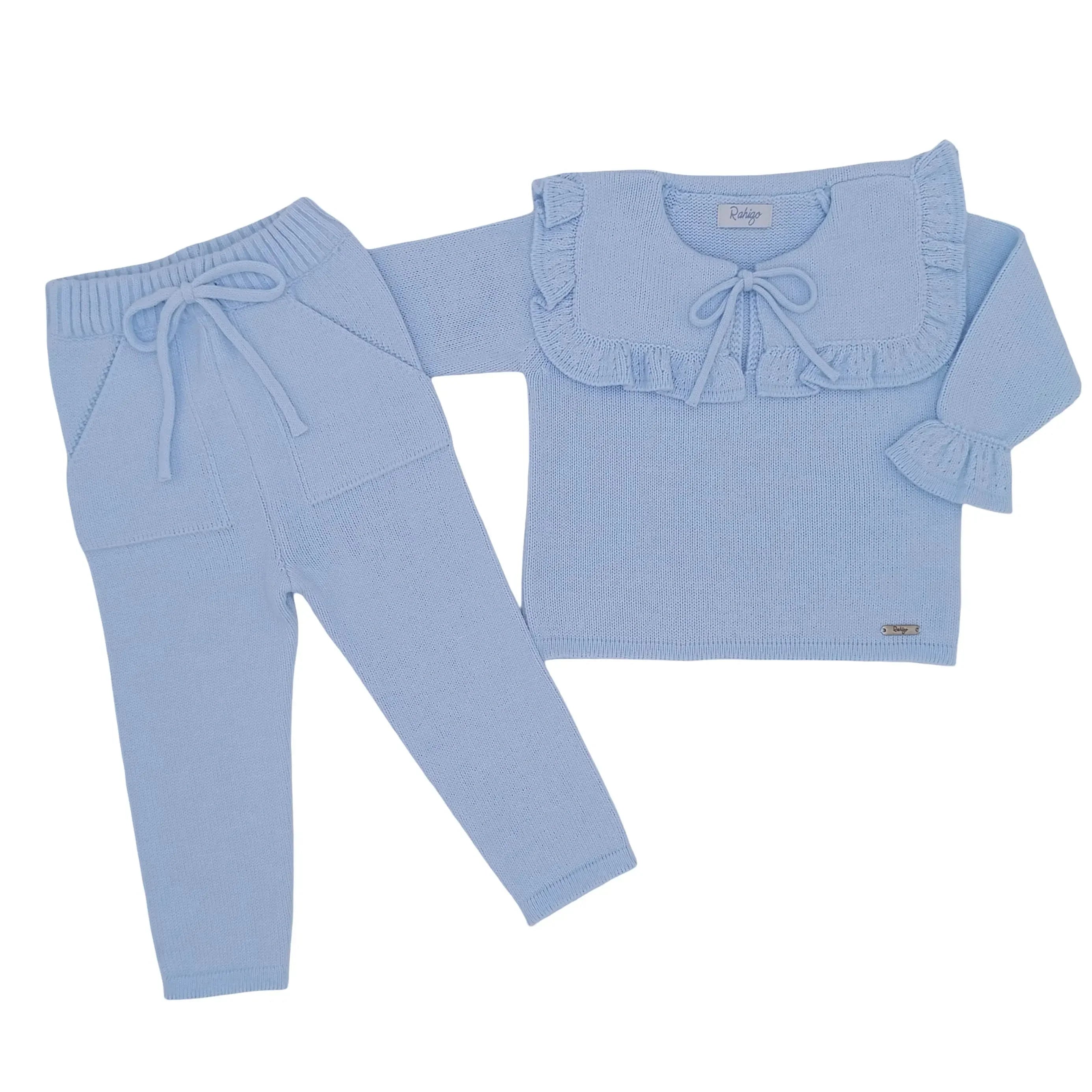 Baby girls light blue knit tracksuit with ruffled collar and drawstring pants