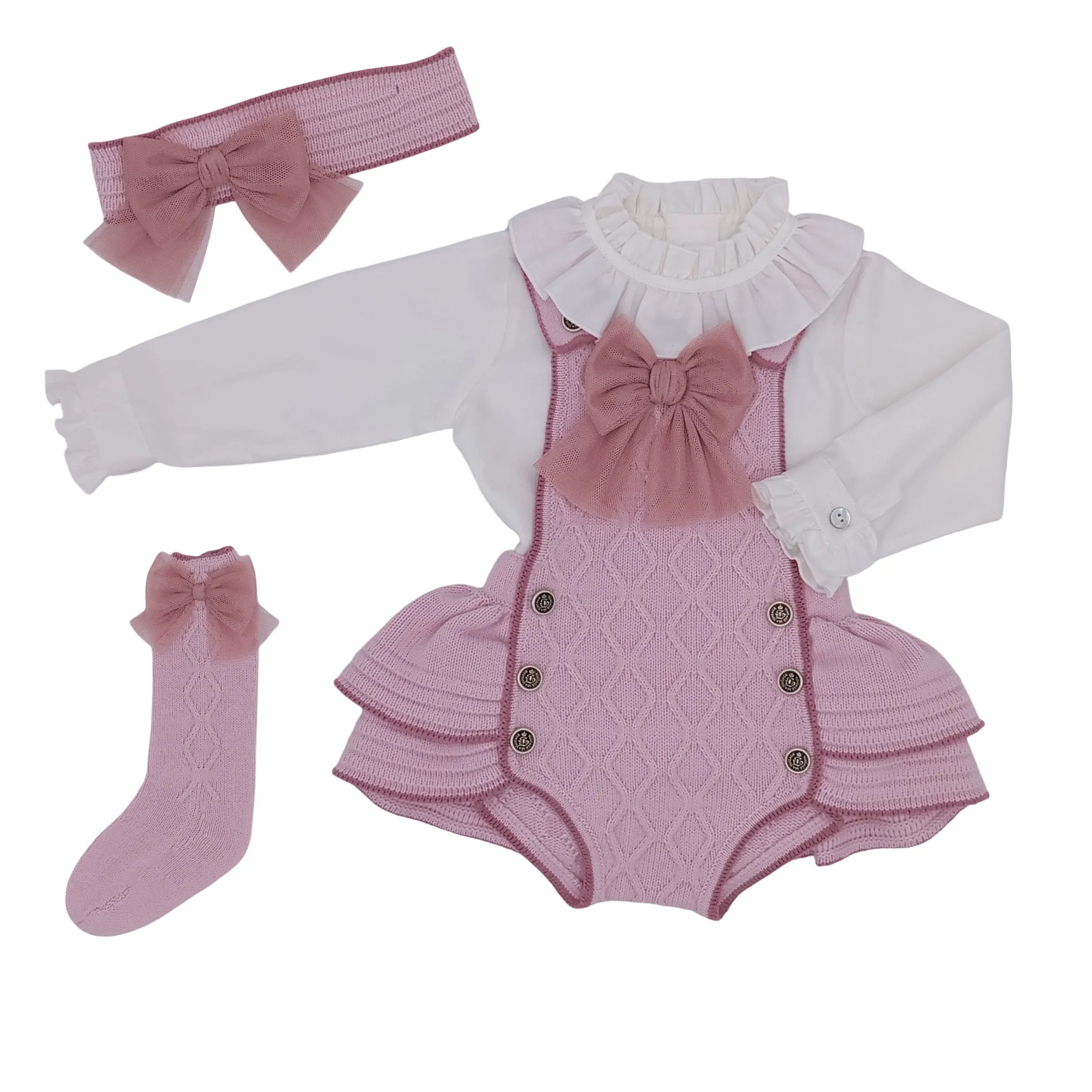 AW25 Rahigo Baby Girls Pink Pinafore, Shirt, Headband & Socks Rahigo Moda Infantil