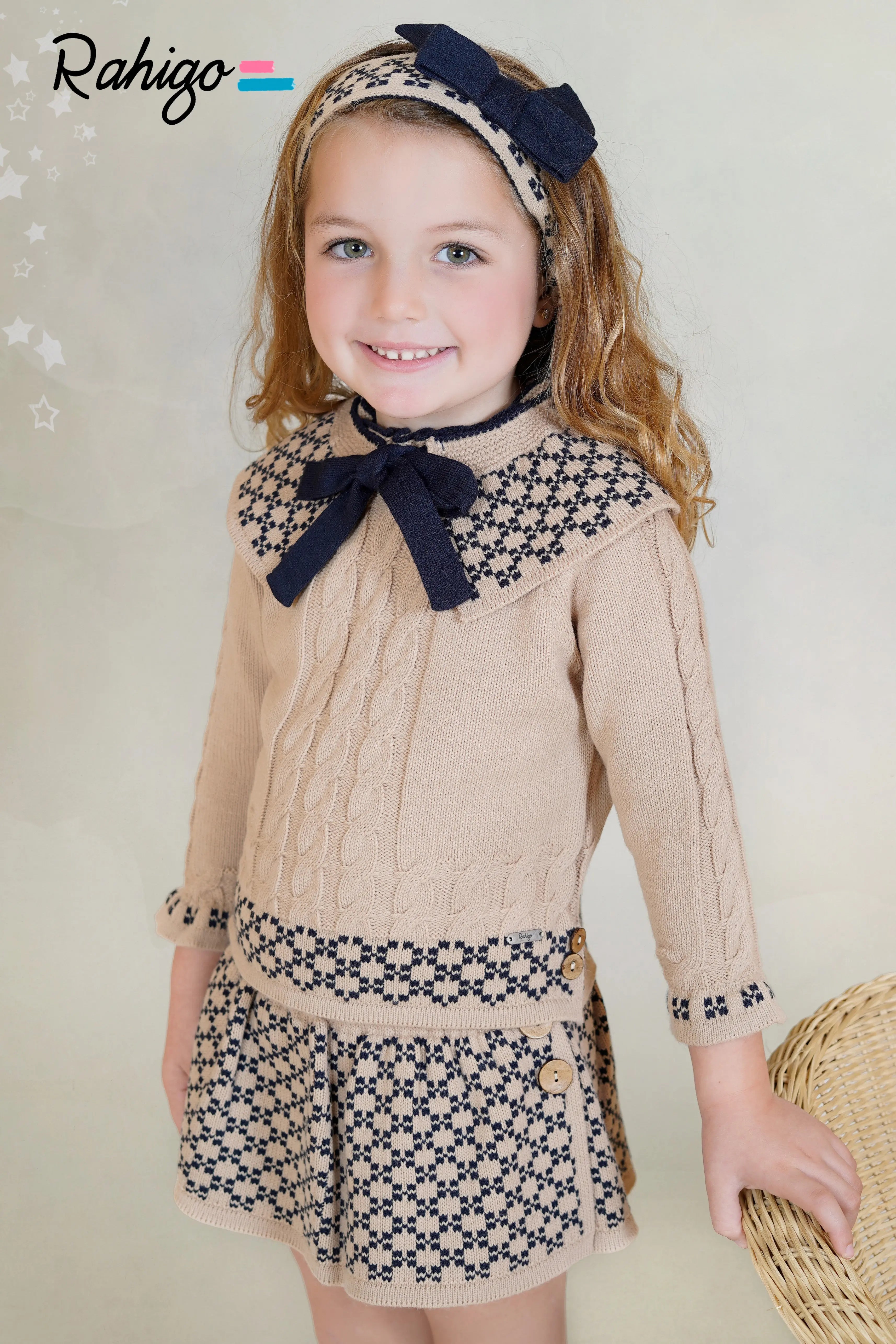 AW25 Rahigo Girls Camel & Navy Knitted Dress & Hairbow Rahigo Moda Infantil