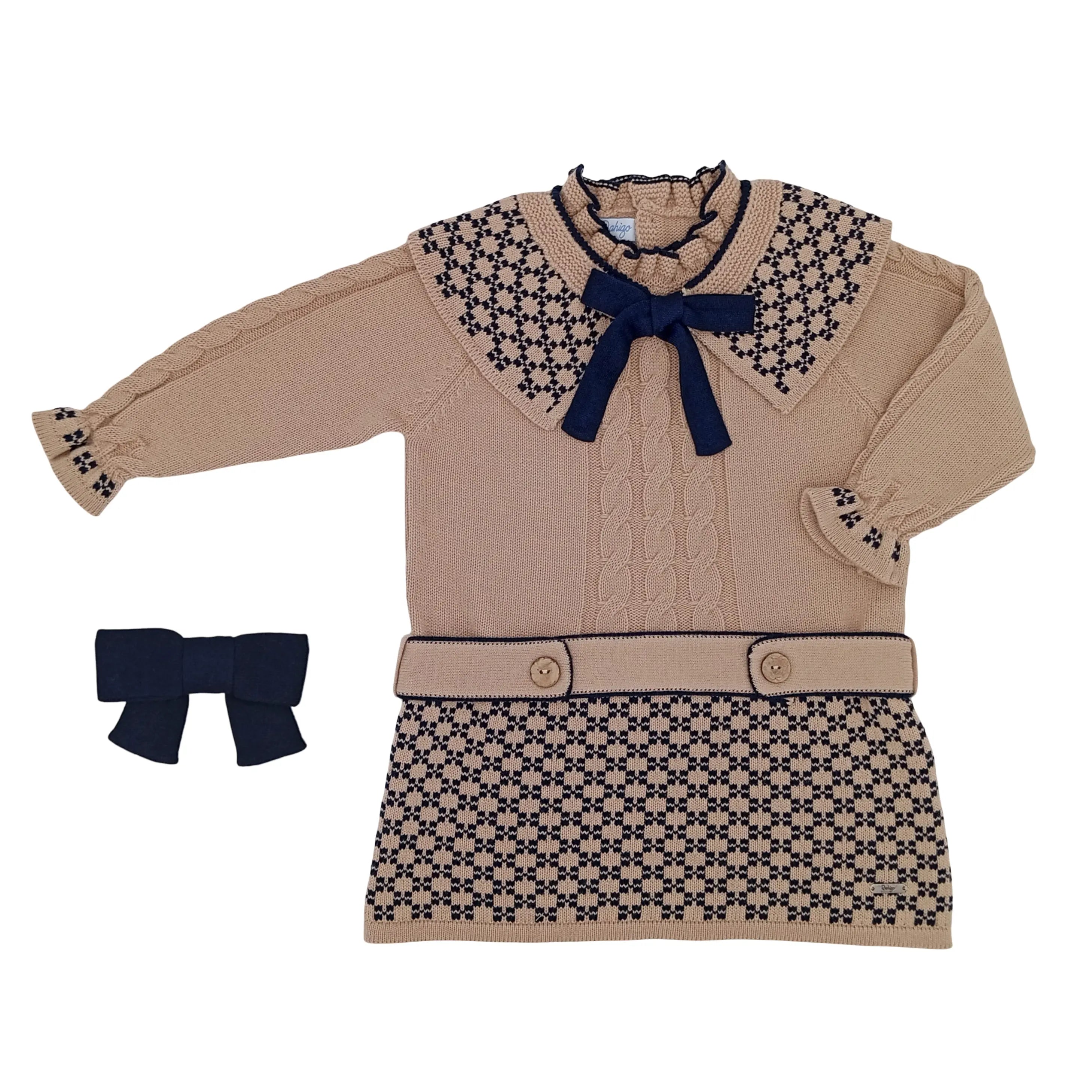 AW25 Rahigo Girls Camel & Navy Knitted Dress & Hairbow Rahigo Moda Infantil