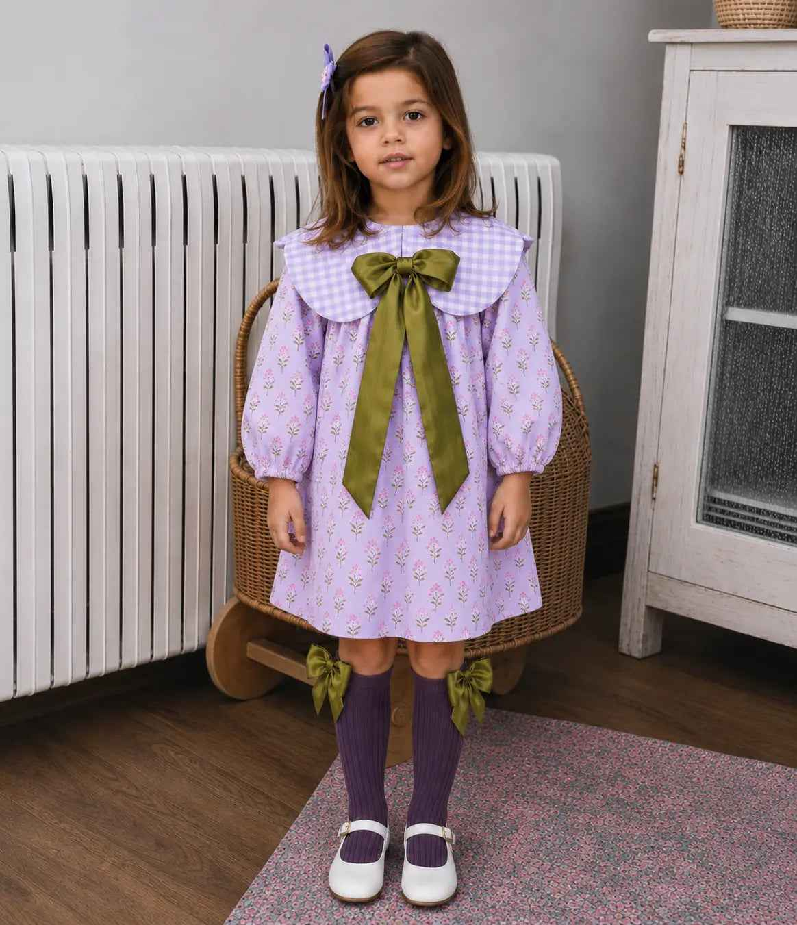 AW26 Dainty Delilah Girls Purple & Olive Dress, Hair-bow & Socks