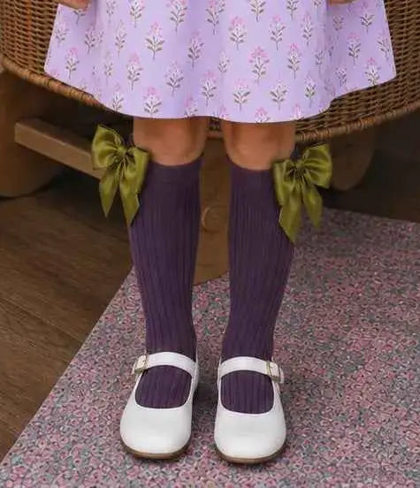 AW26 Dainty Delilah Girls Purple & Olive Dress, Hair-bow & Socks