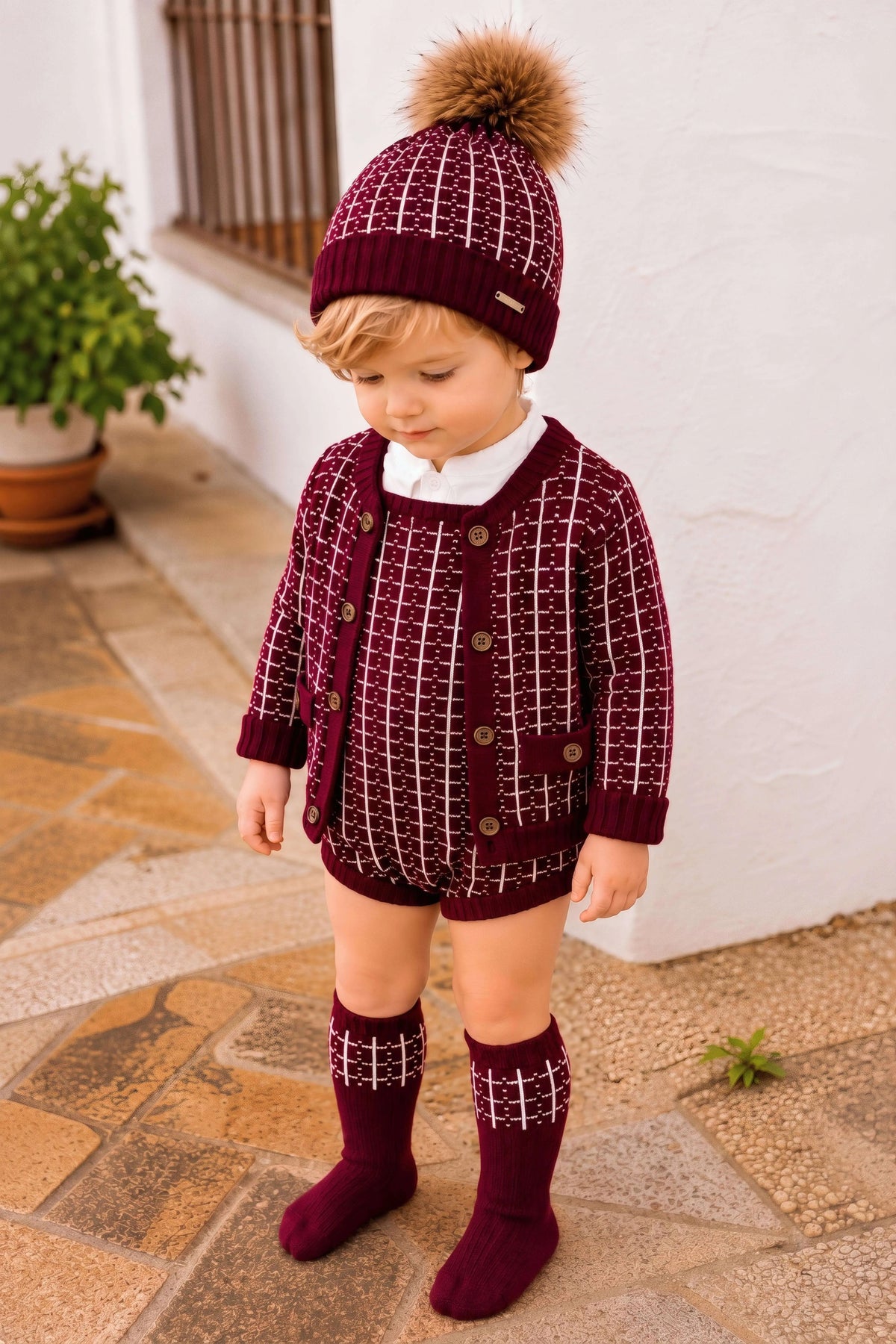 AW26 Rahigo Baby Boys Burgundy Knitted Romper 5P Set Rahigo Moda Infantil